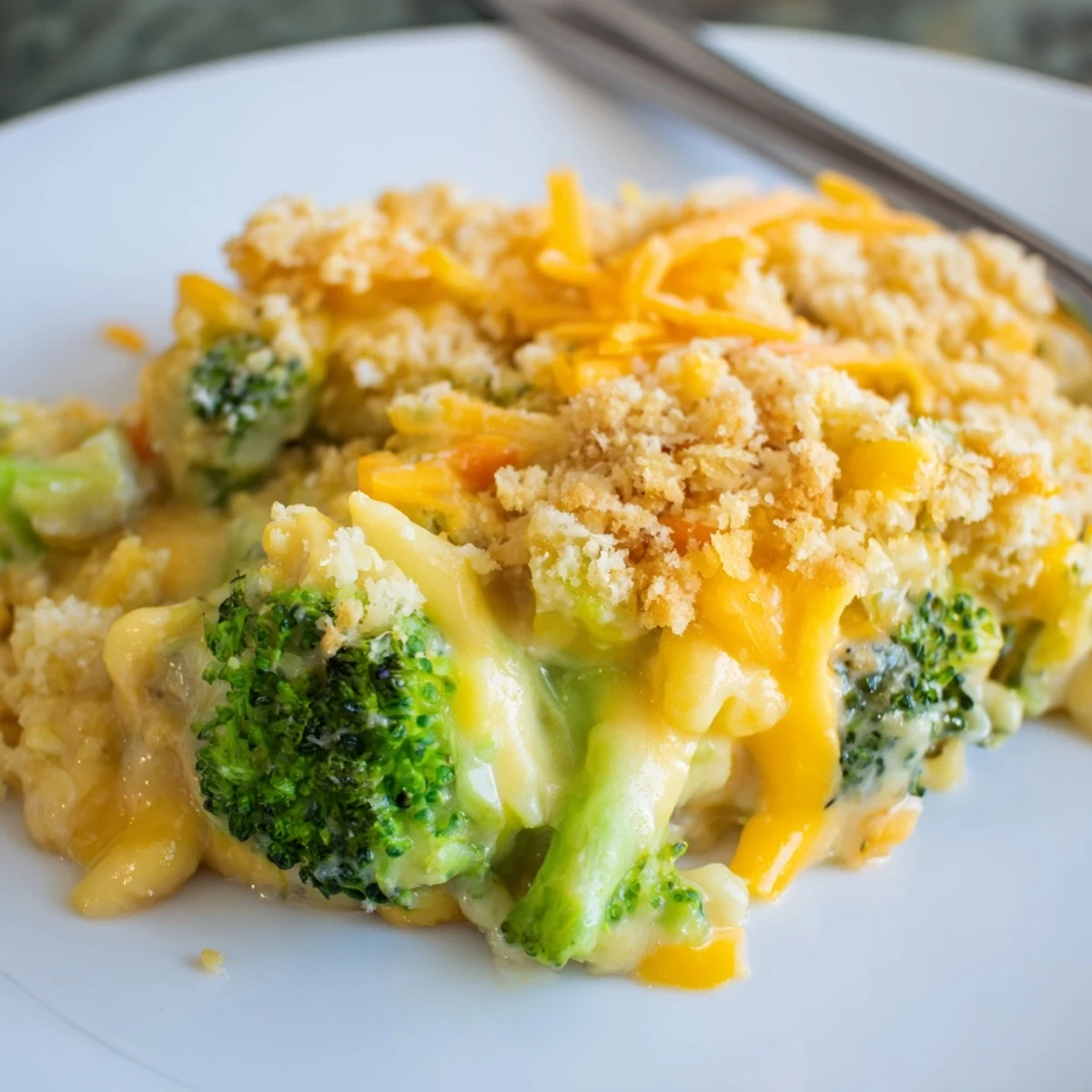 Oven-browned Cheese Bake Broccoli Carrots, buttery breadcrumb crust, fork-ready vegetable medley