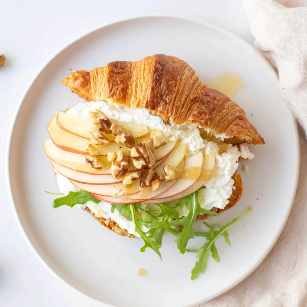 Apple Goat Cheese Croissant Sandwich with creamy spread, crisp apple slices, peppery arugula