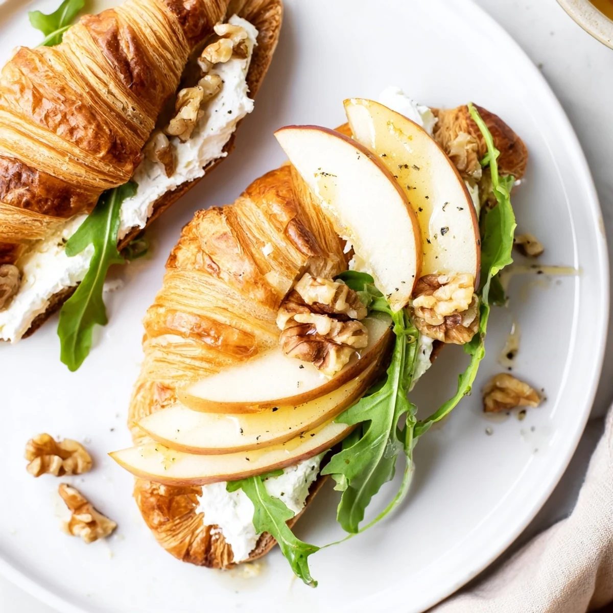 A lightly toasted Apple Goat Cheese Croissant Sandwich served with honey drizzle
