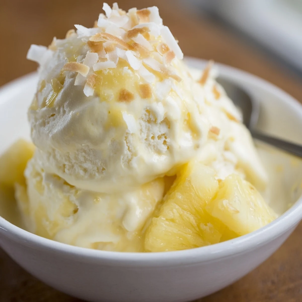 Scoop of Creamy Pineapple Ice Cream perched on wafer, tangy and cold  