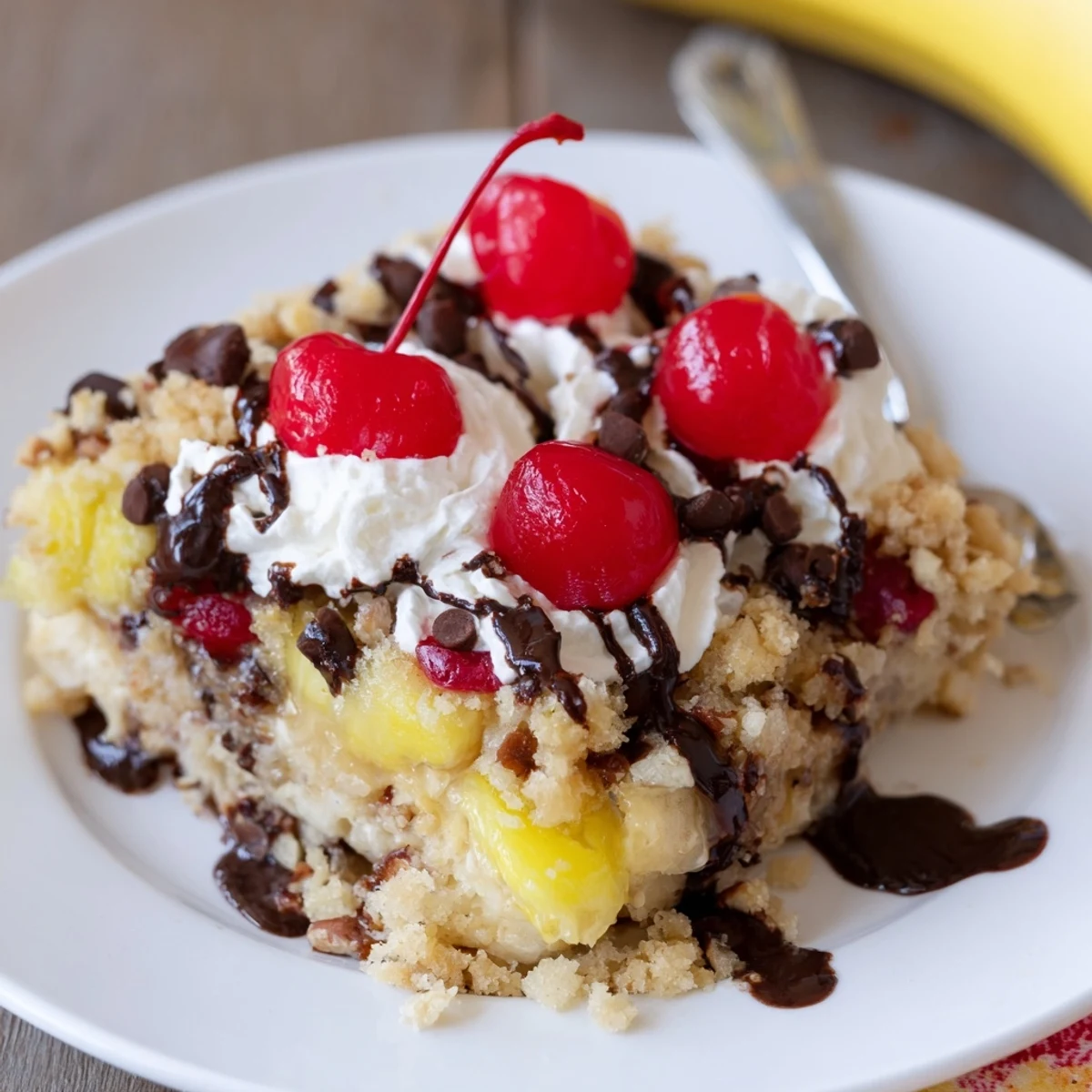 Warm Banana Split Dump Cake bubbling with cherries and melted chocolate, served