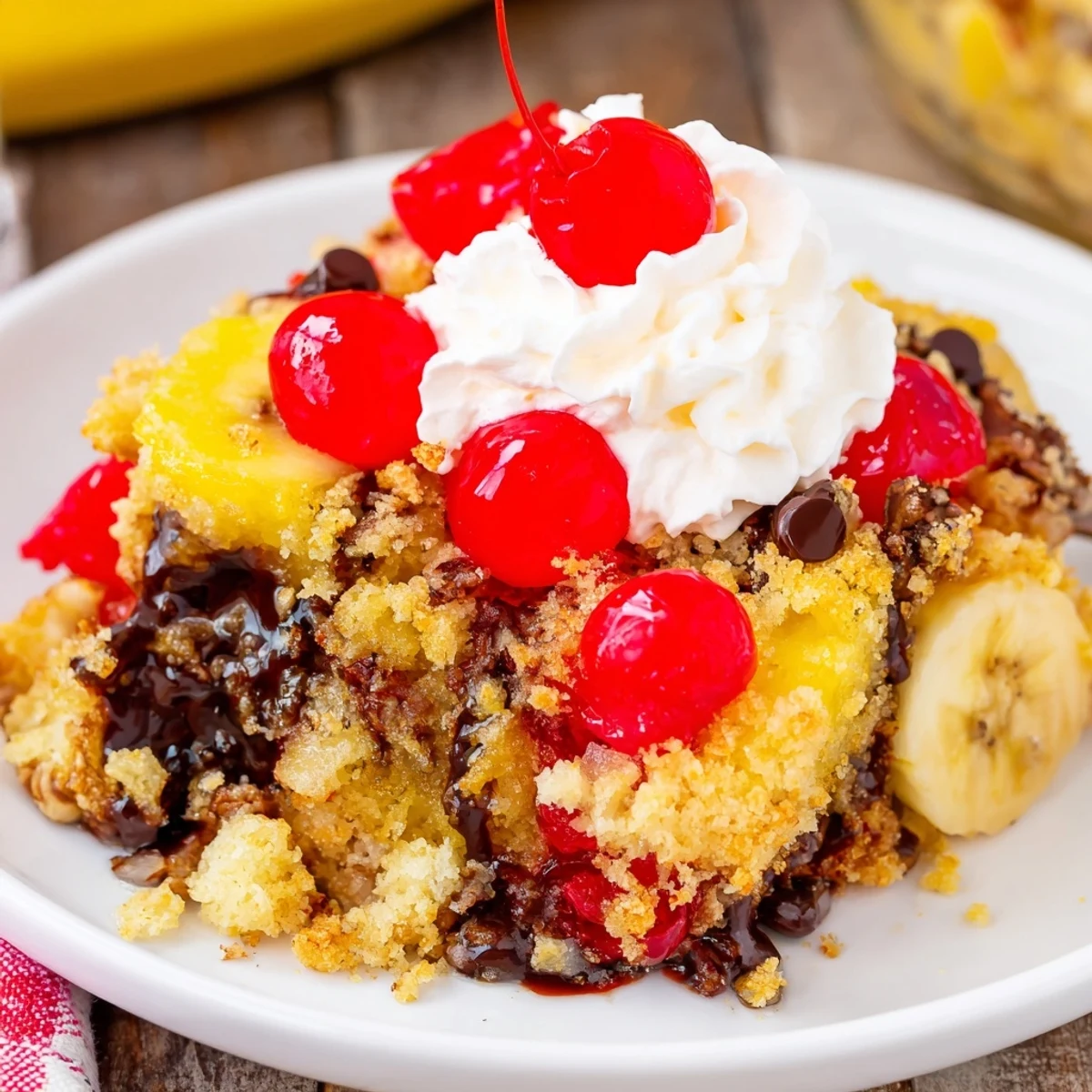 Golden Banana Split Dump Cake cooling in pan, pineapple juices glistening