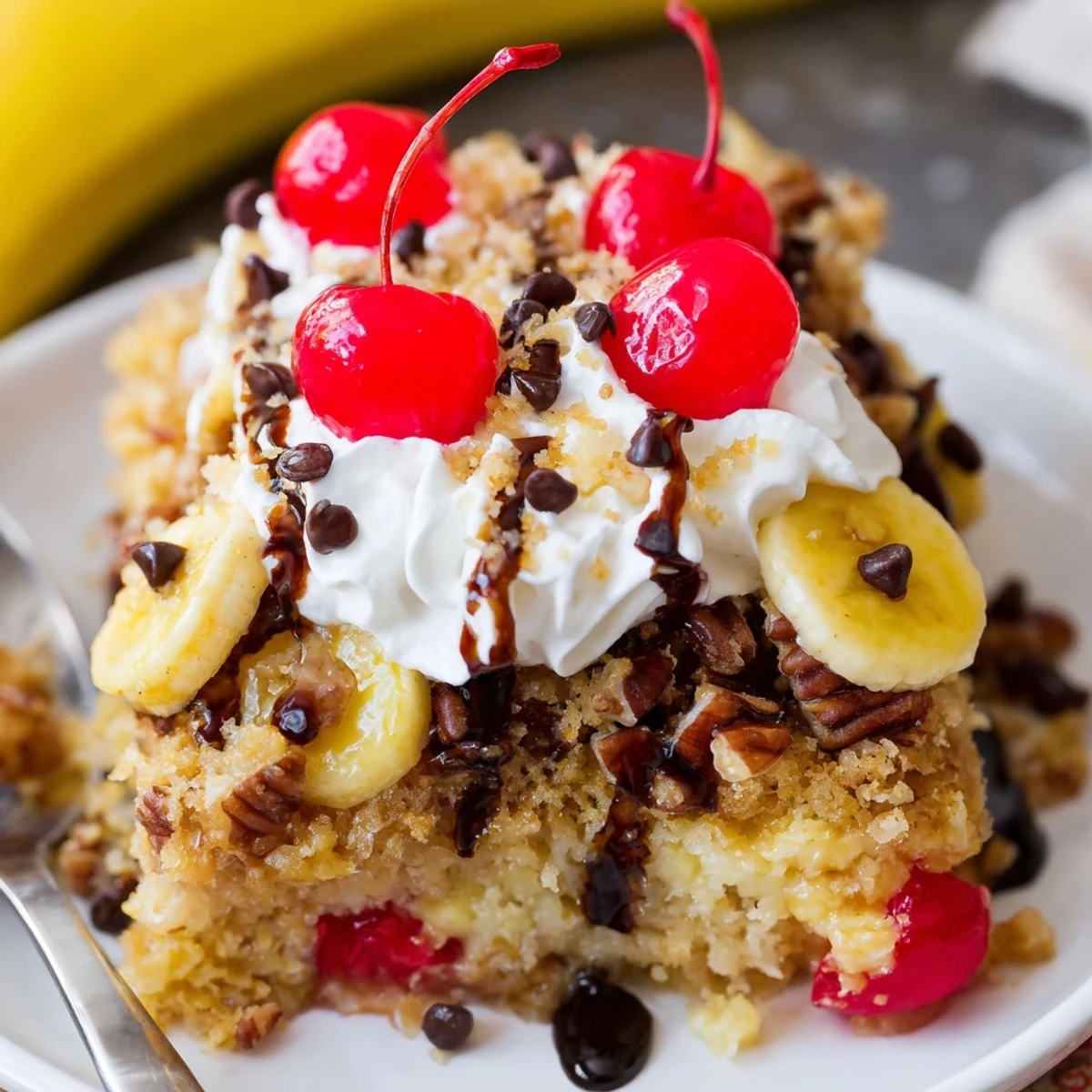 Sliced Banana Split Dump Cake topped with whipped cream and bright cherries