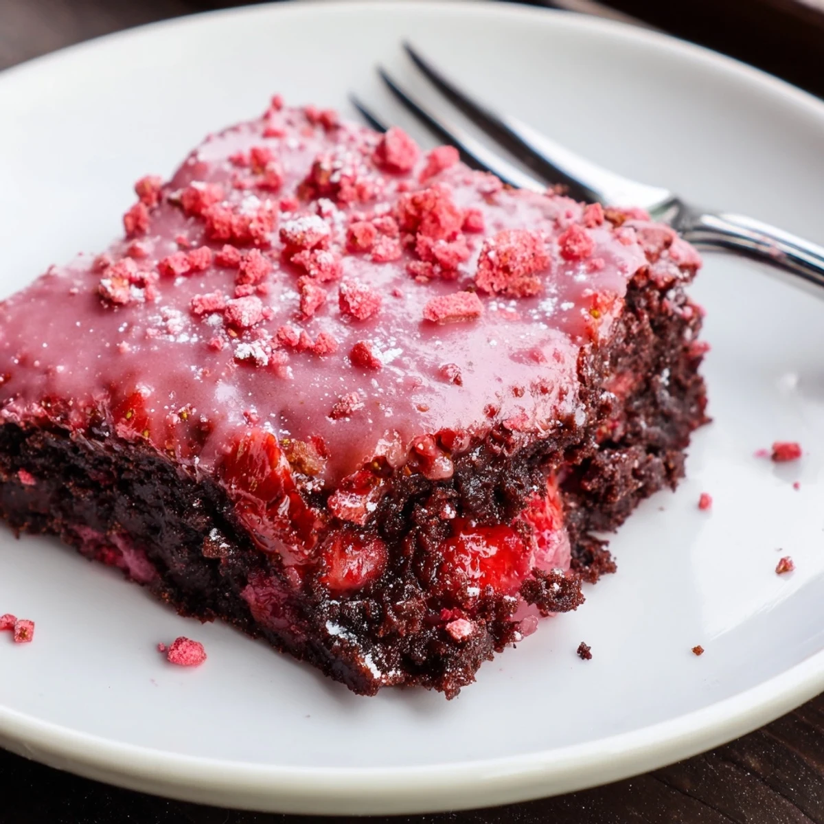 Strawberry Brownies Recipe fudgy squares glazed with pink strawberry icing, served warm.