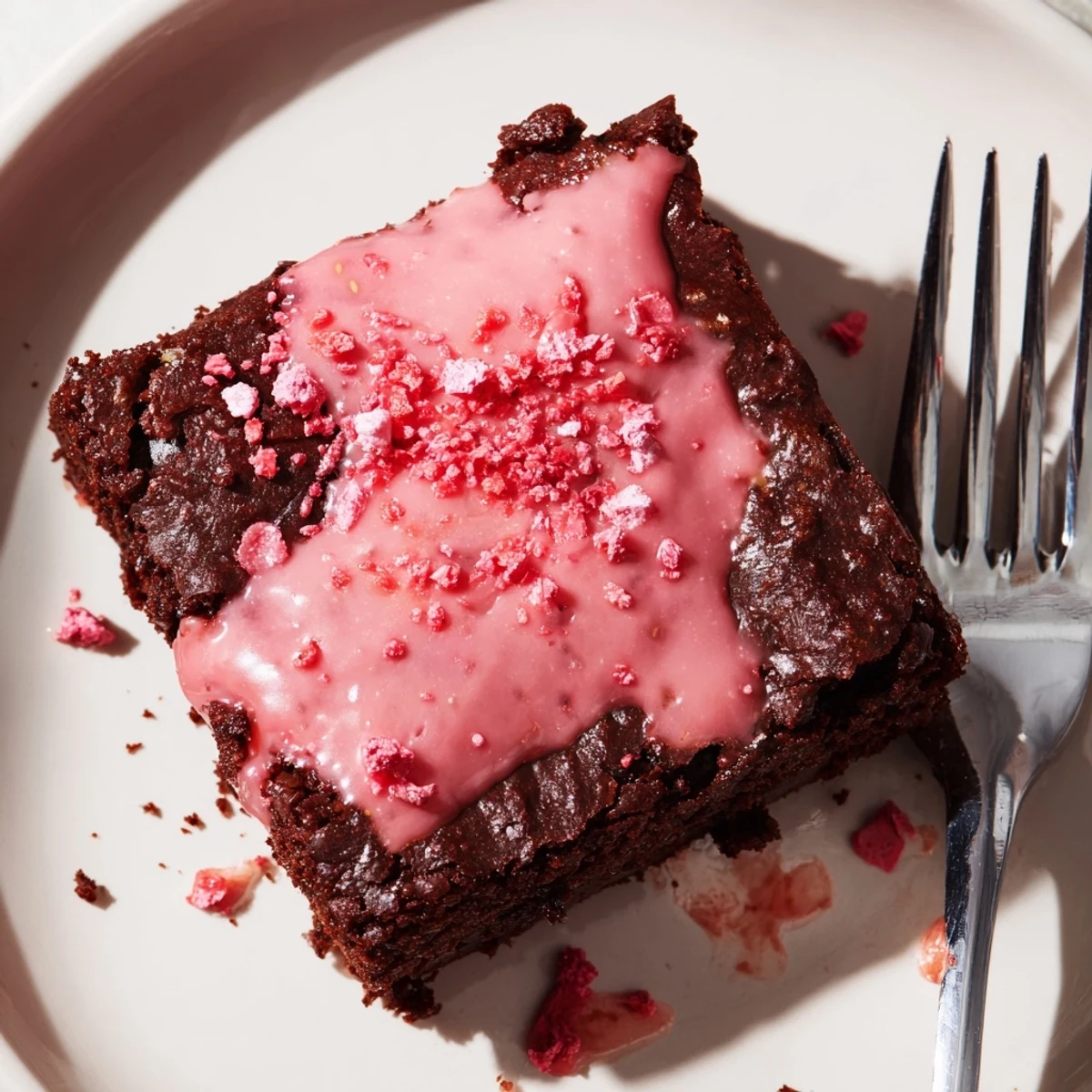 Warm Strawberry Brownies Recipe squares topped with powdered glaze, perfect with whipped cream.