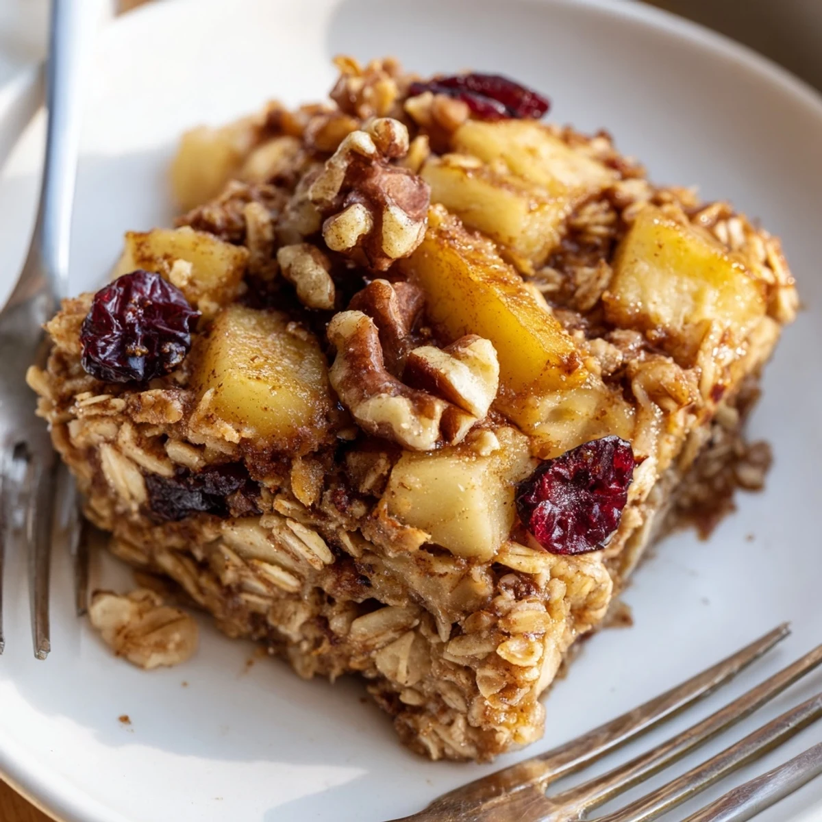 Baked golden Delicious Apple Cinnamon Oatmeal Bake Recipe For Mornings, topped with milk