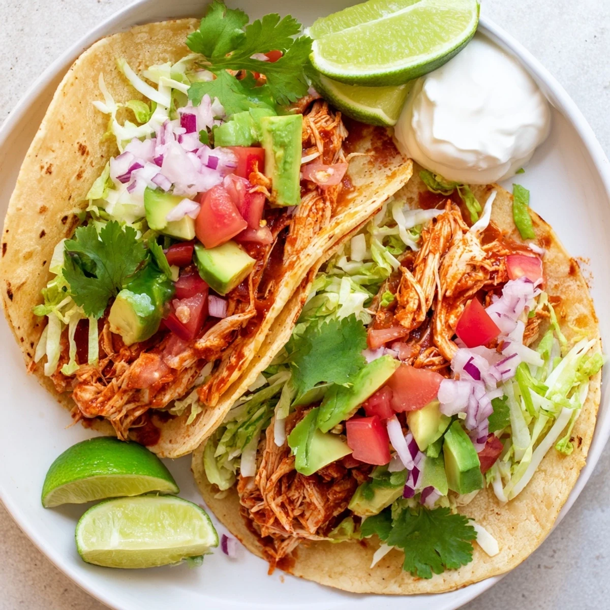 Tender Mexican-spiced shredded chicken piled into warm corn tortillas with vibrant garnishes