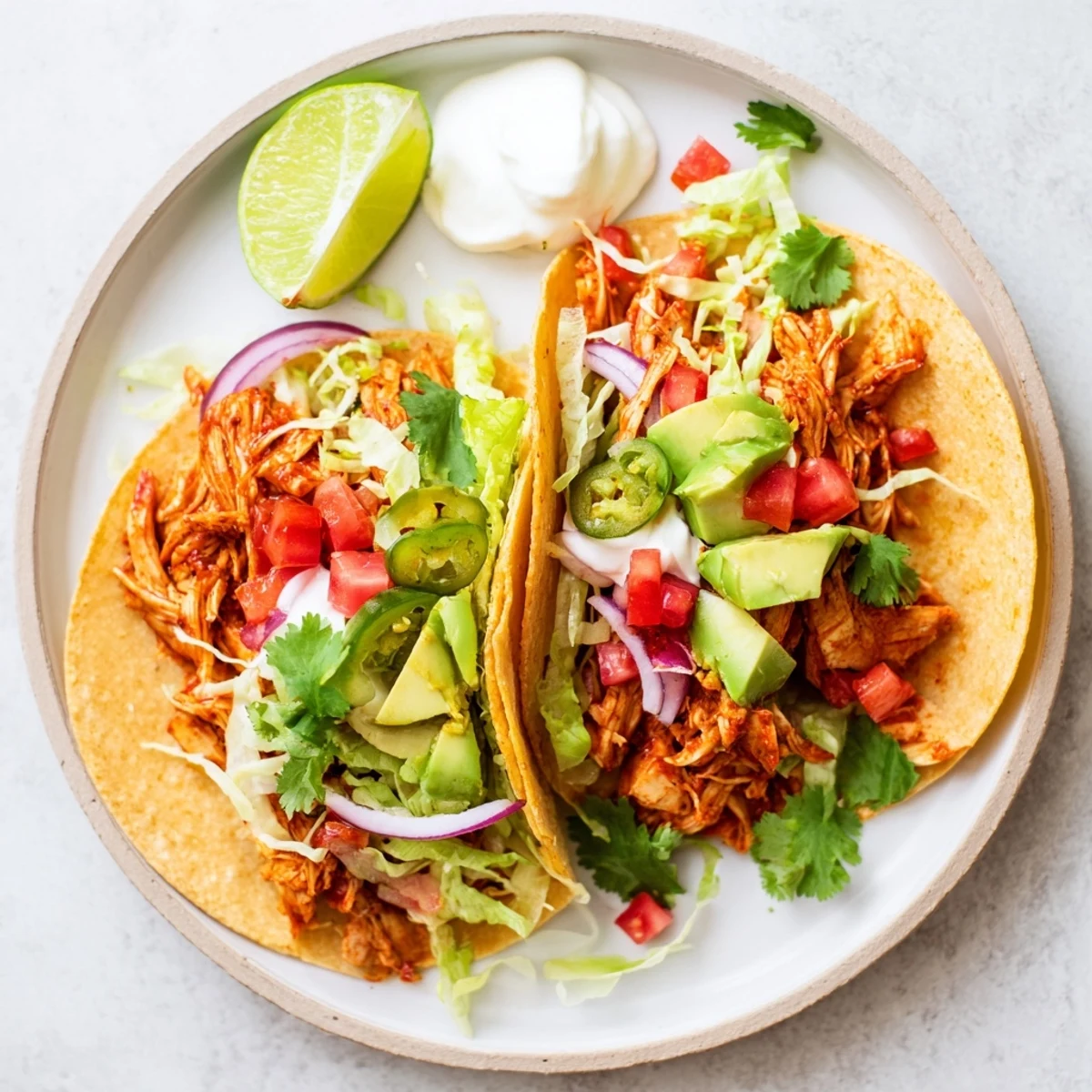 Easy slow cooker chicken tacos with juicy seasoned meat and colorful fresh toppings