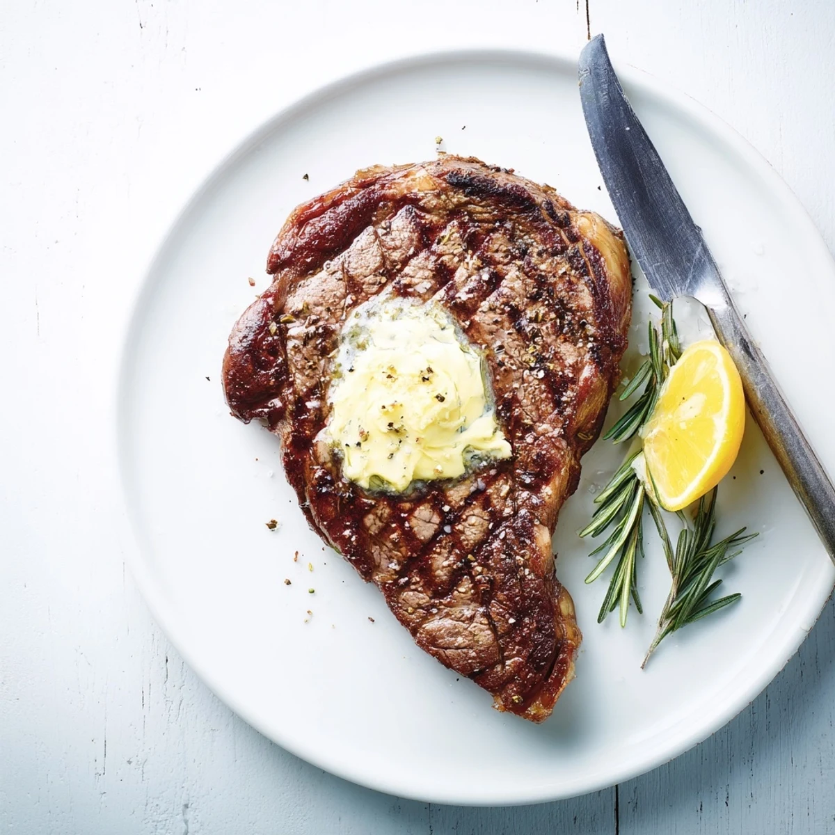 Perfectly charred grilled steak with a golden butter finish resting on a wooden cutting board