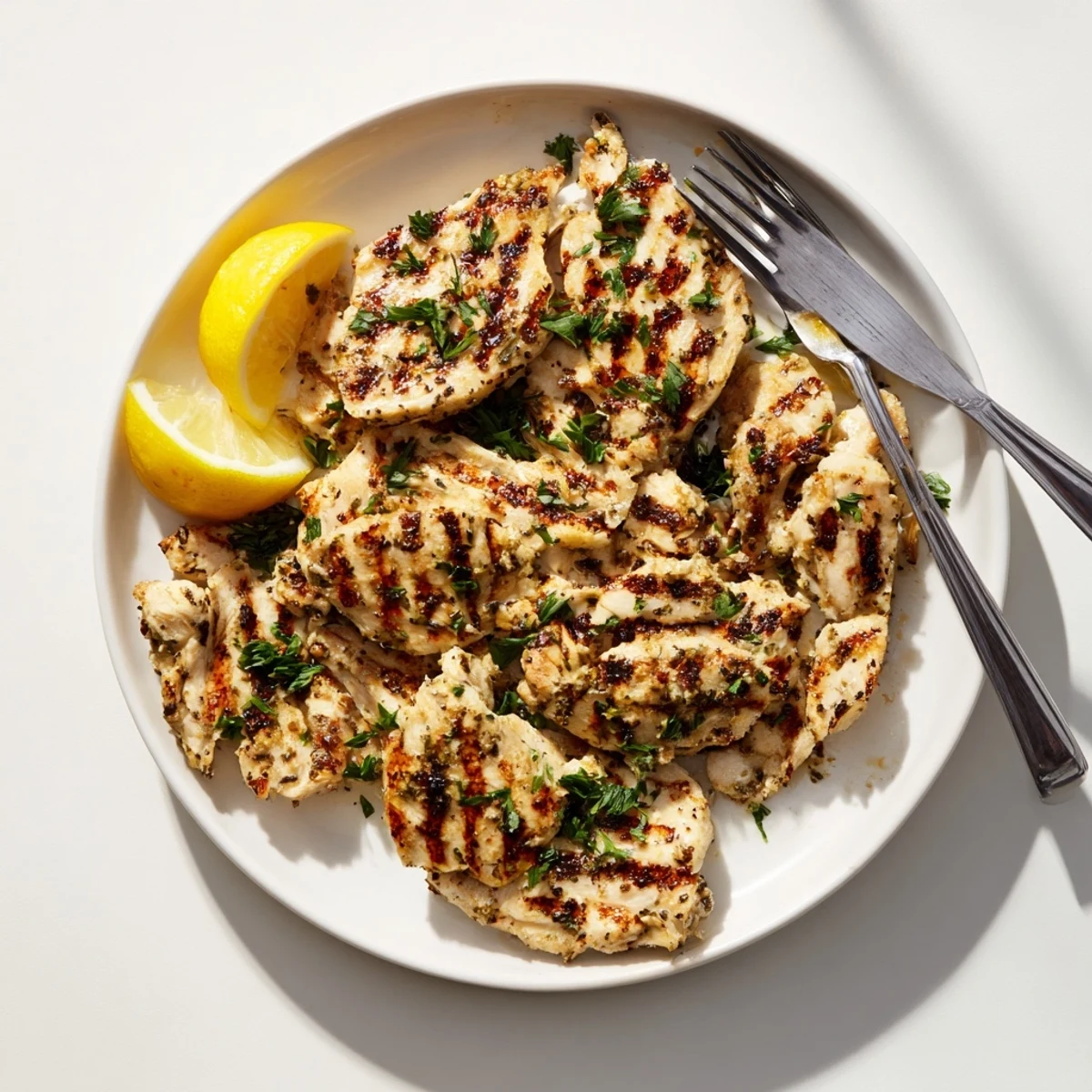 Juicy grilled chicken recipe with golden char marks and fresh herb garnish on a white plate