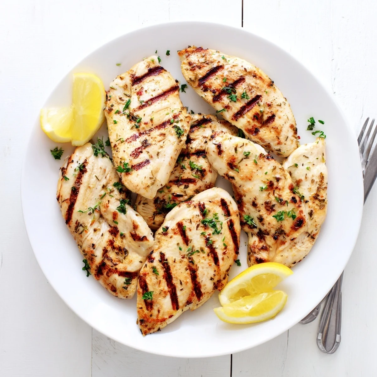 Easy grilled chicken recipe sliced to reveal tender juicy meat with parsley and lemon