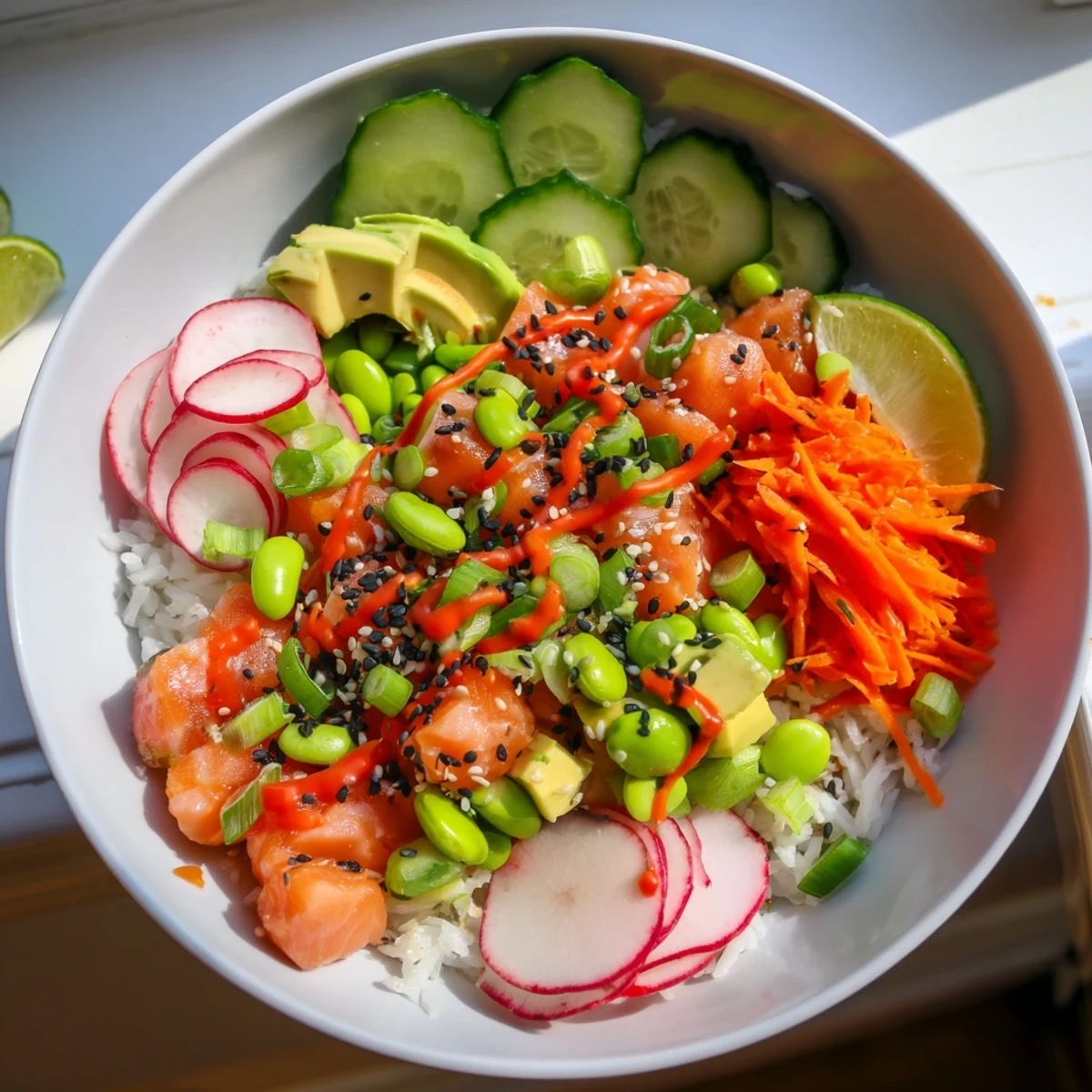 Fresh Hawaiian-style salmon and avocado poke bowl with crisp cucumber and spicy mayo drizzle