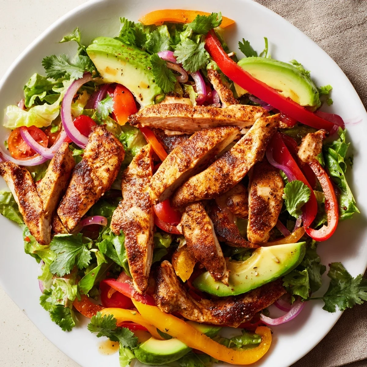 Vibrant grilled chicken fajita salad recipe topped with juicy spiced strips and crisp colorful vegetables over fresh mixed greens