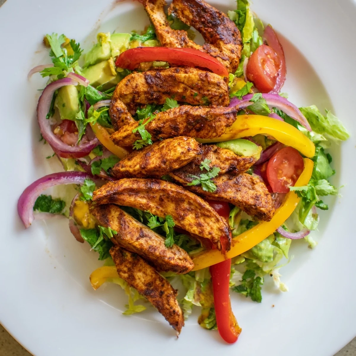Zesty grilled chicken fajita salad recipe arranged on a platter with marinated chicken strips, red onion, and fresh cilantro garnish