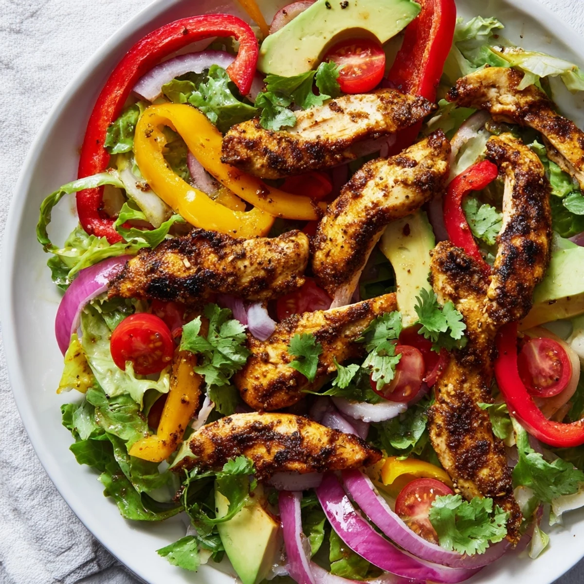 Healthy grilled chicken fajita salad recipe featuring warm seasoned chicken breast sliced over bell peppers, avocado, and cherry tomatoes