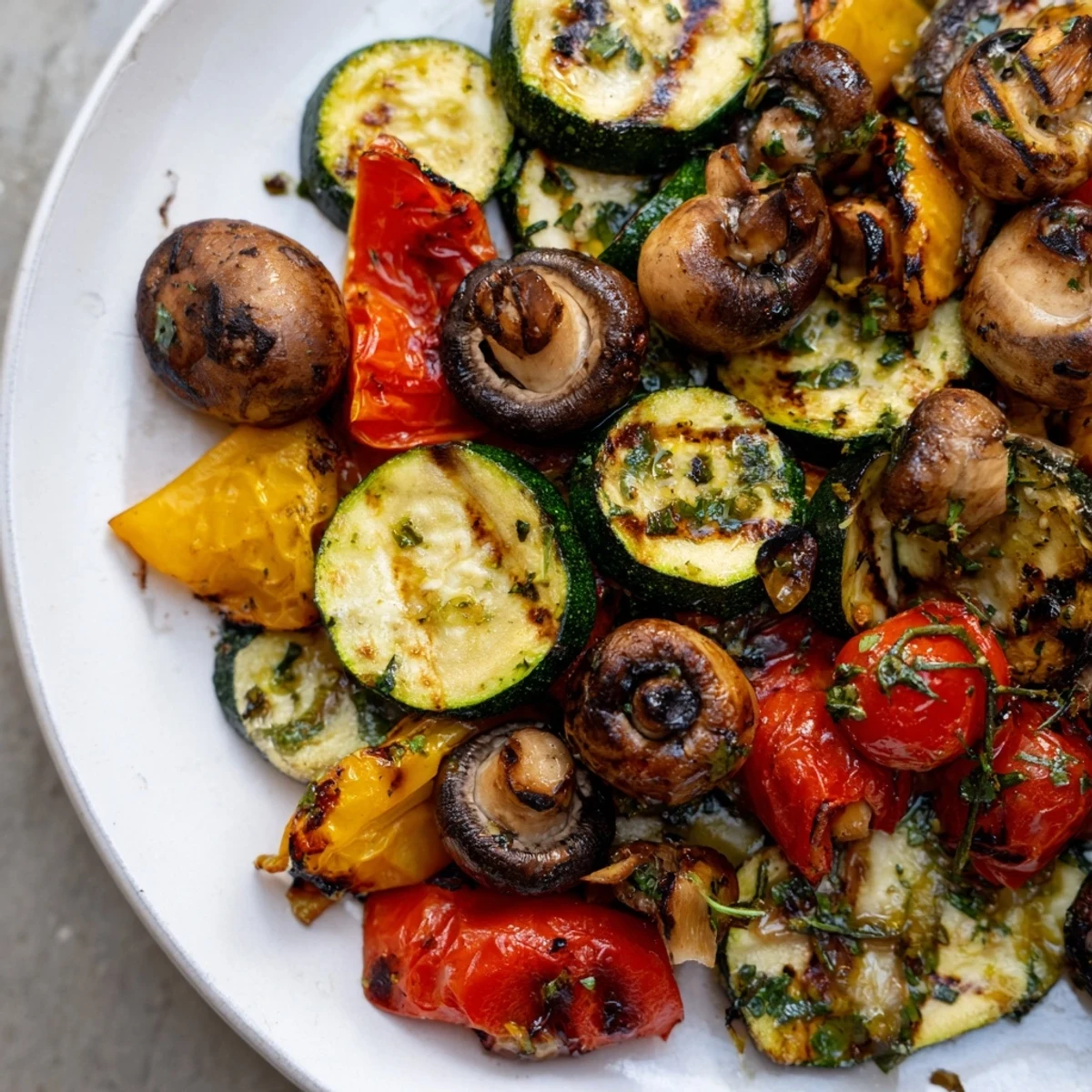 Colorful charred bell peppers zucchini and eggplant from BBQ grilled vegetables marinated recipe served on platter
