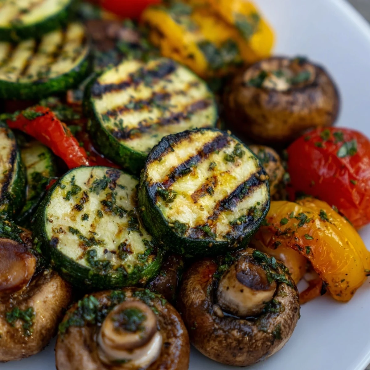 Summer BBQ grilled vegetables marinated recipe featuring tender charred zucchini peppers and onions with fresh herb garnish