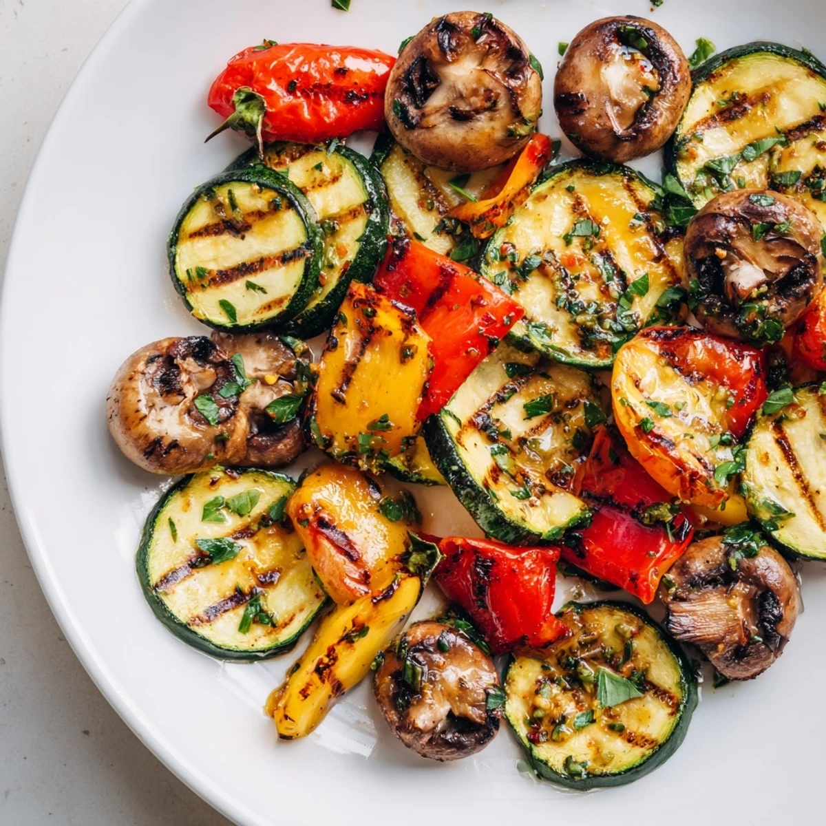 Smoky grilled vegetables marinated in herb balsamic dressing arranged on white serving plate for BBQ grilled vegetables marinated recipe