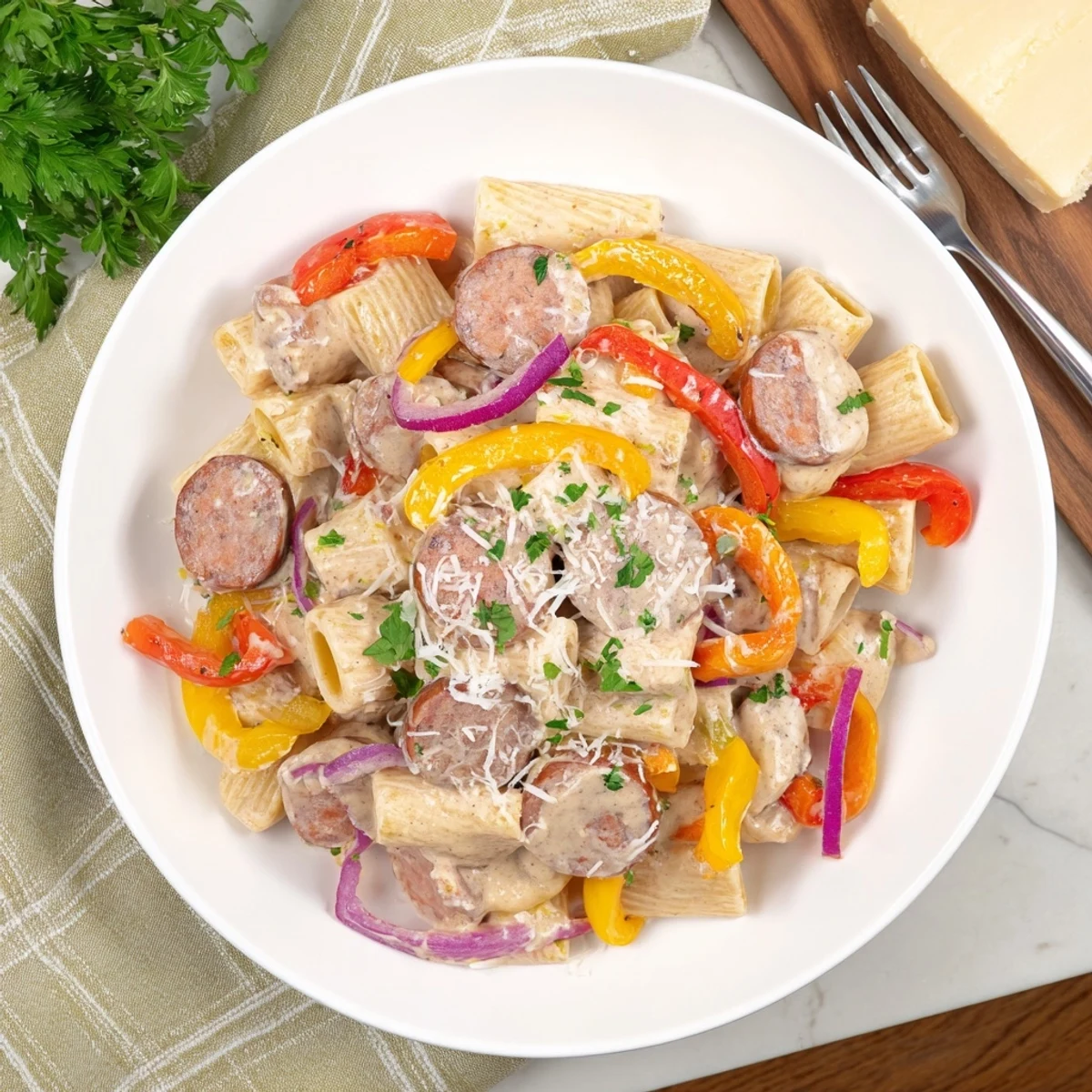 Hearty Cajun sausage pasta in a rich cream sauce with vibrant red and yellow peppers