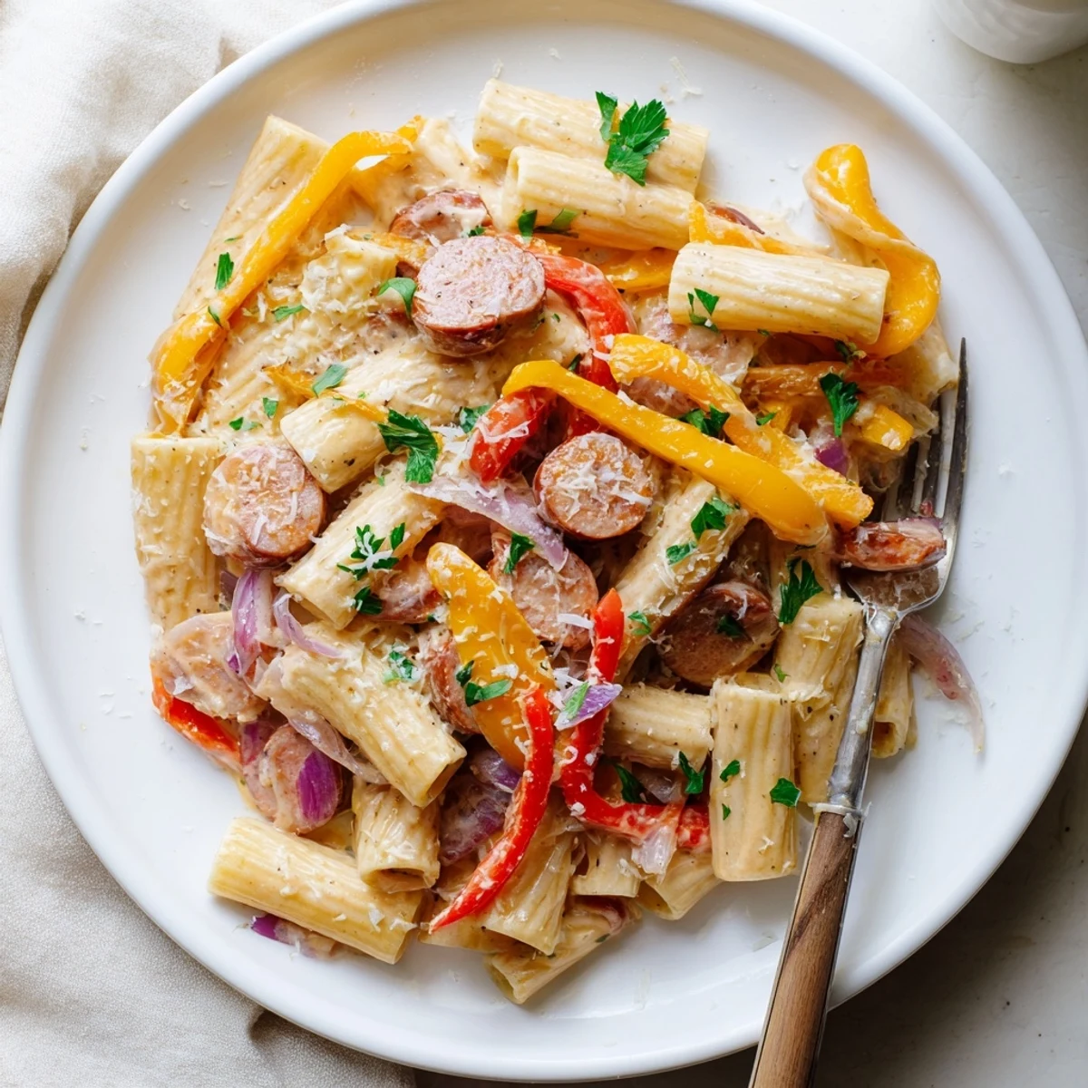 Creamy Cajun sausage pasta tossed with colorful bell peppers and smoky Andouille slices
