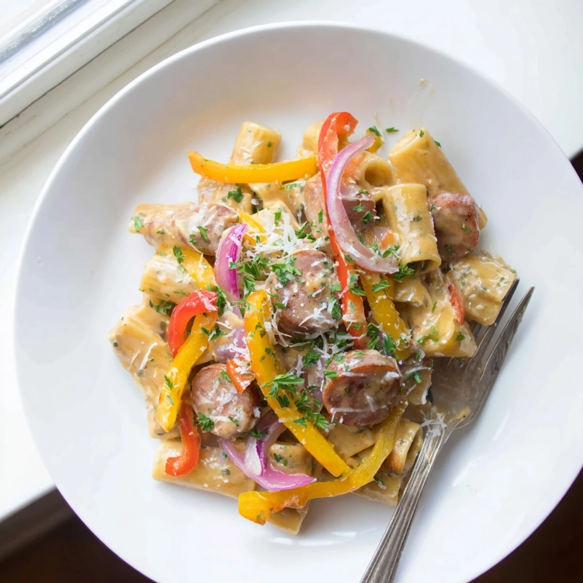 Savory Cajun sausage pasta dish featuring penne coated in spicy Parmesan cream sauce with vegetables