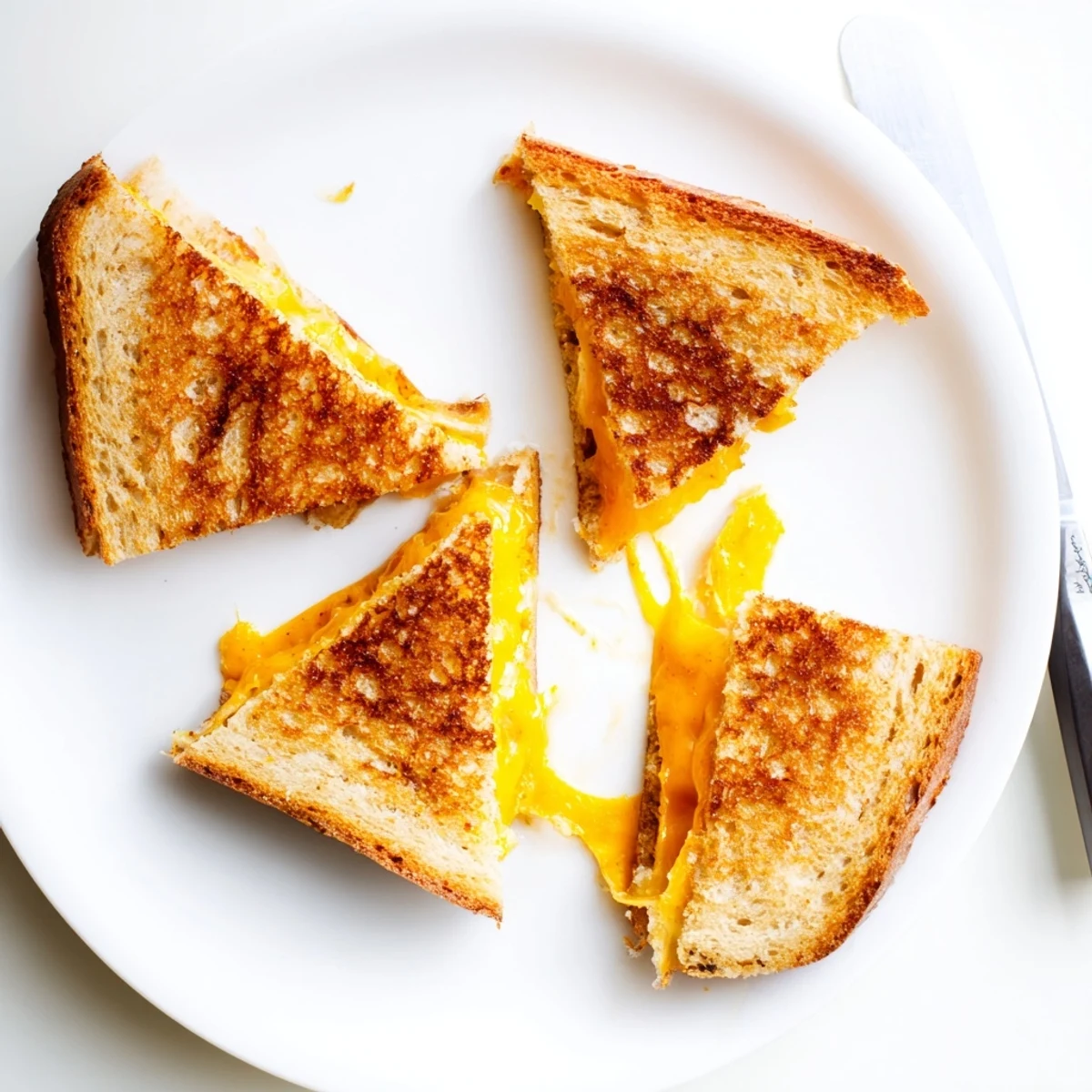 Golden grilled cheese sandwich with melted cheddar oozing between buttery toasted bread slices