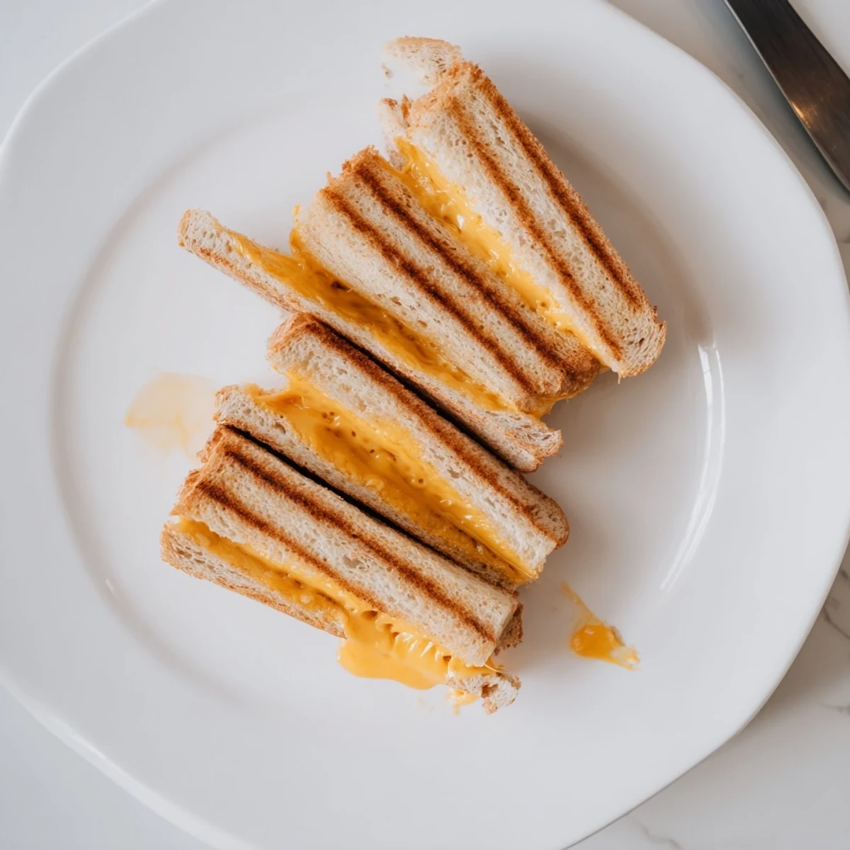 Classic grilled cheese sandwich cut into triangles displaying crispy edges and gooey cheese center