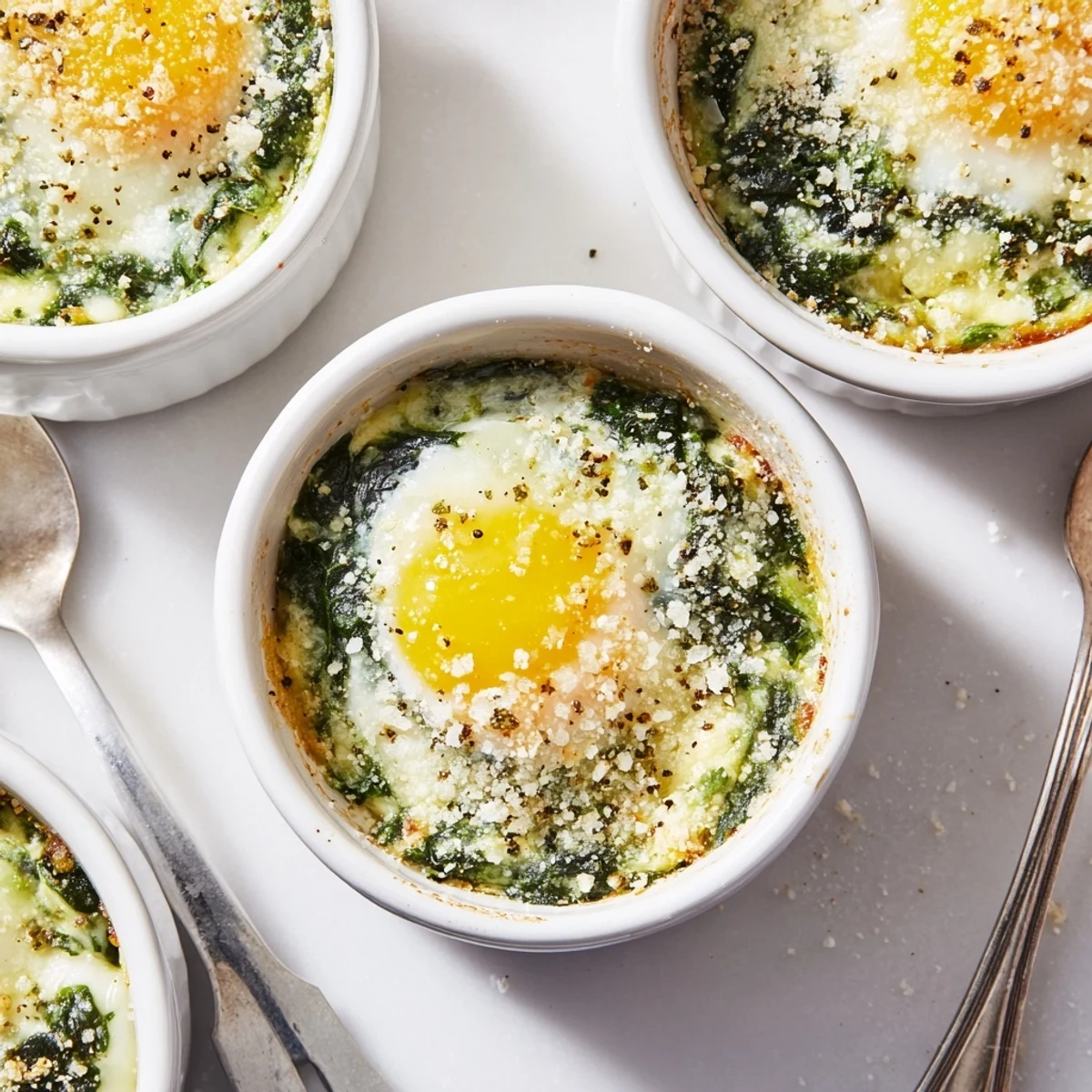 Golden baked eggs spinach parmesan featuring set whites with runny yolks nestled in wilted seasoned spinach