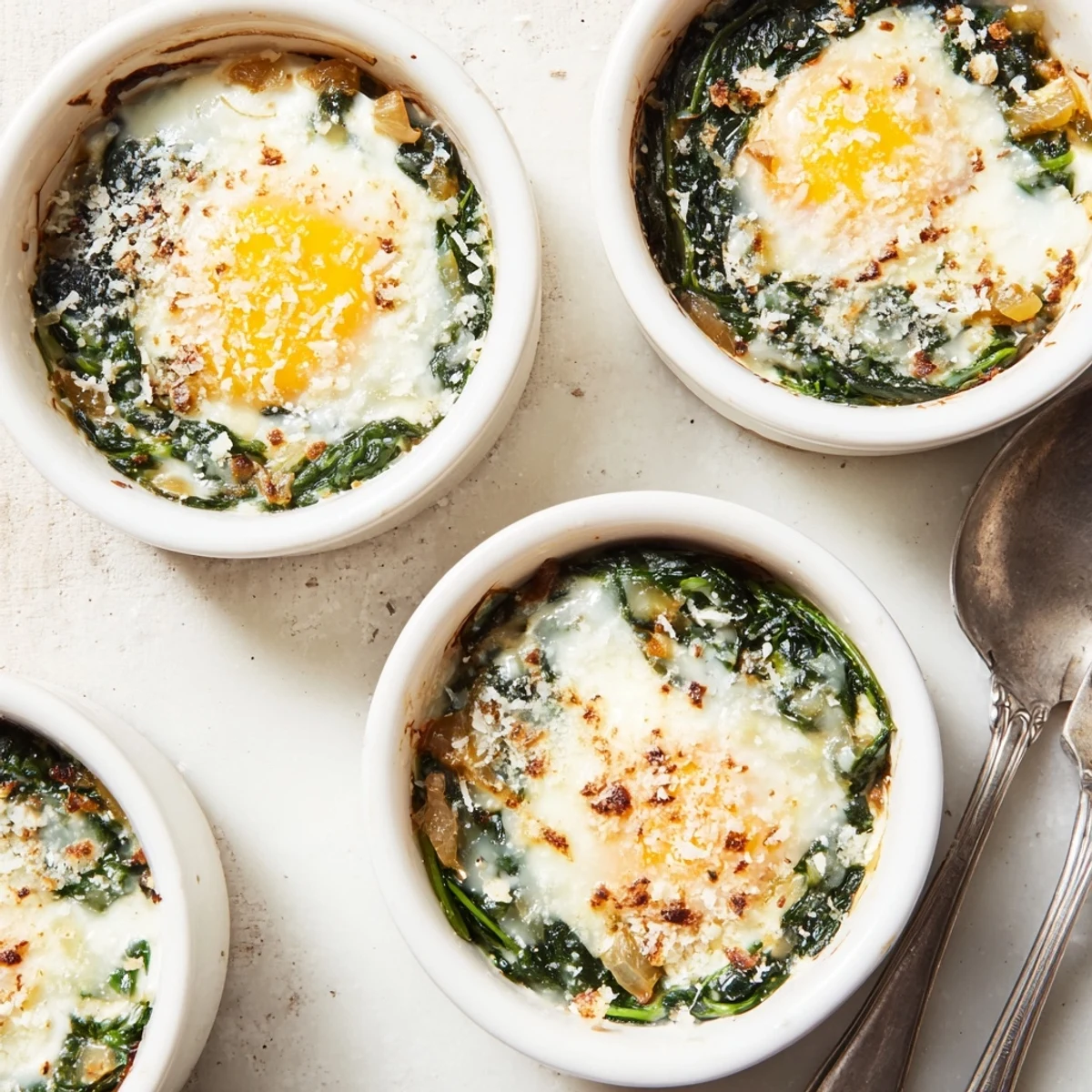 Individual baked eggs spinach parmesan servings with rich parmesan crust and tender sautéed spinach base