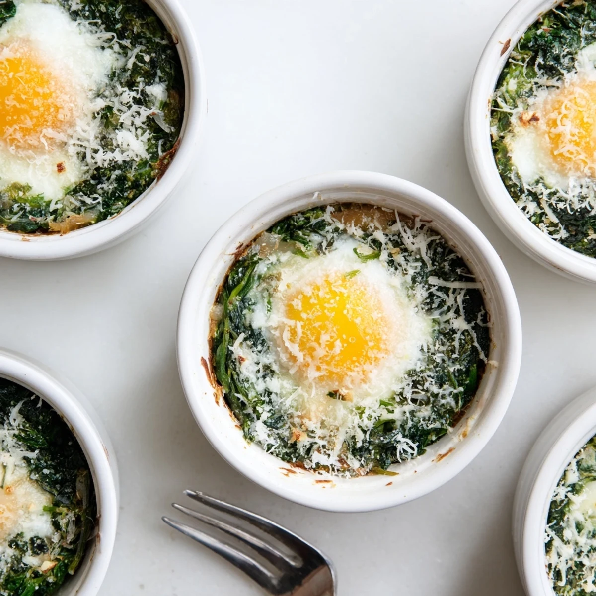 Creamy baked eggs spinach parmesan ramekins topped with melted golden cheese and fresh wilted greens