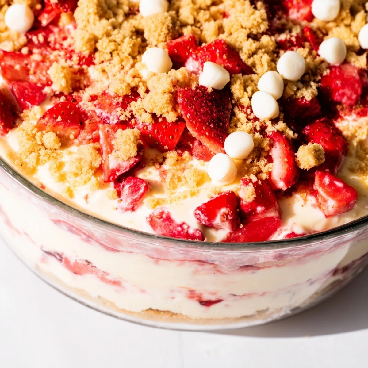 Golden Strawberry Cheesecake Crunch dessert with layers of creamy filling and fresh strawberries