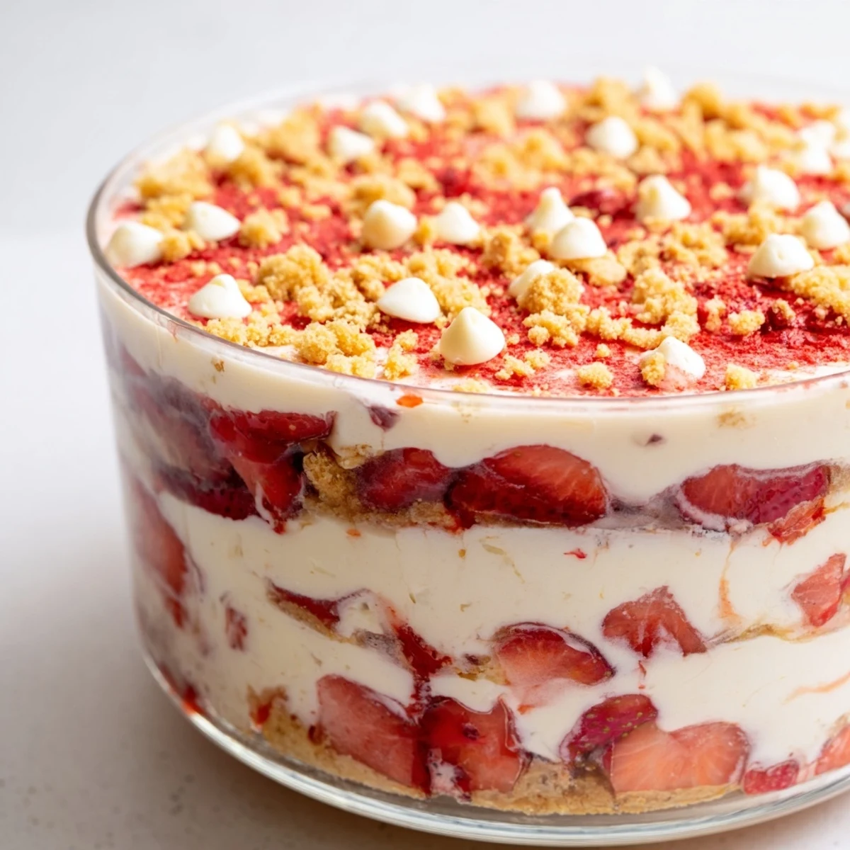 Slice of Strawberry Cheesecake Crunch showing white cheesecake, red berries, and crispy graham topping