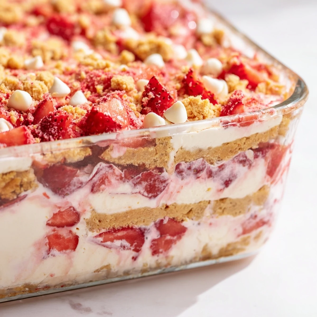 Individual glass of layered Strawberry Cheesecake Crunch topped with strawberry pieces and white chocolate chips