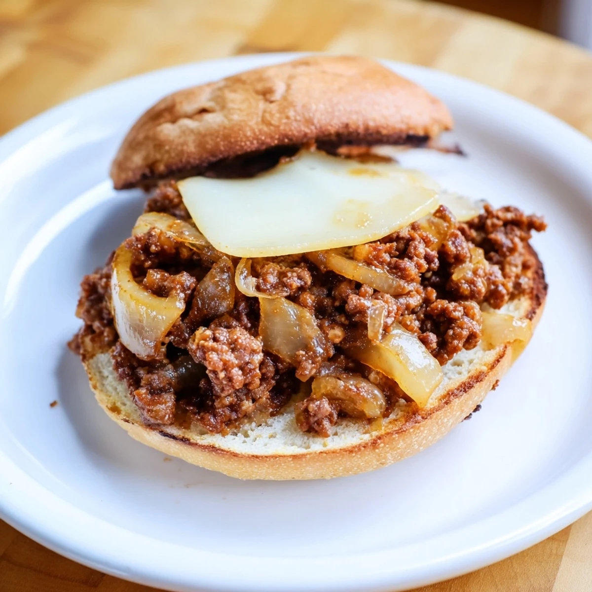 Golden caramelized onions and savory ground beef piled high on toasted buns with melted provolone cheese topping this French onion beef sloppy joes recipe