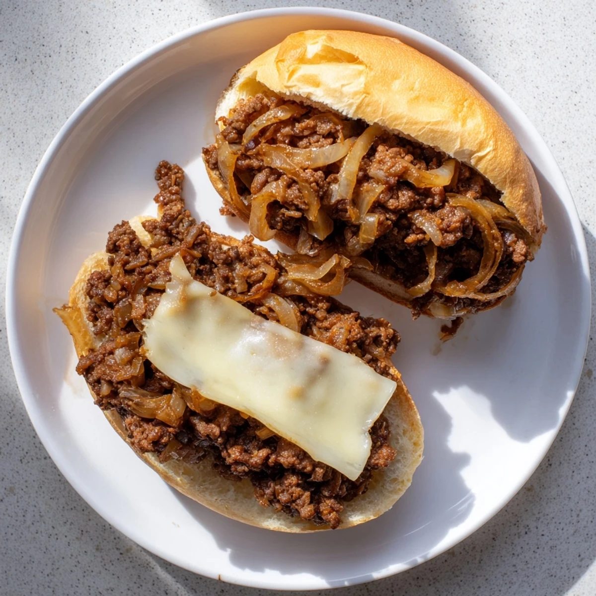 Heaping serving of French onion beef sloppy joes showcasing tender beef, deeply caramelized onion strands, and gooey melted cheese on a warm toasted bun