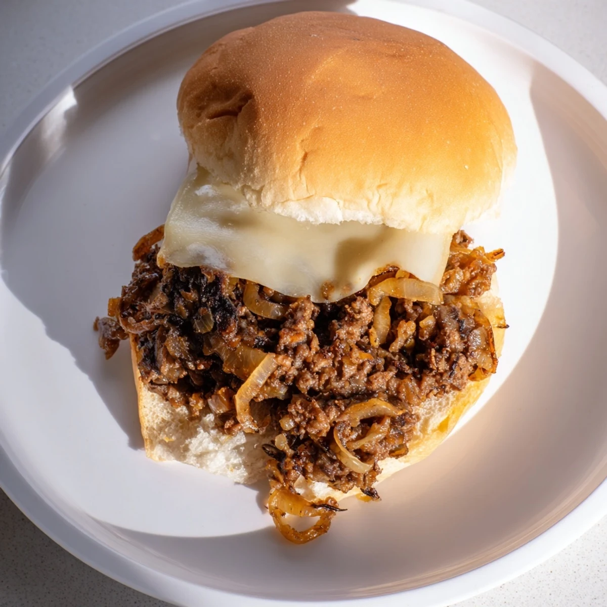 Mouthwatering French onion beef sloppy joes sandwich featuring richly browned meat, sweet onions, and bubbly Swiss cheese nestled in soft hamburger buns