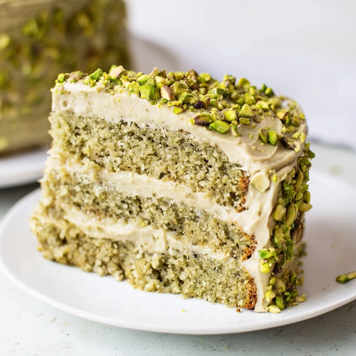 Two-layer pistachio cake frosted with smooth green buttercream and garnished with crushed nut pieces