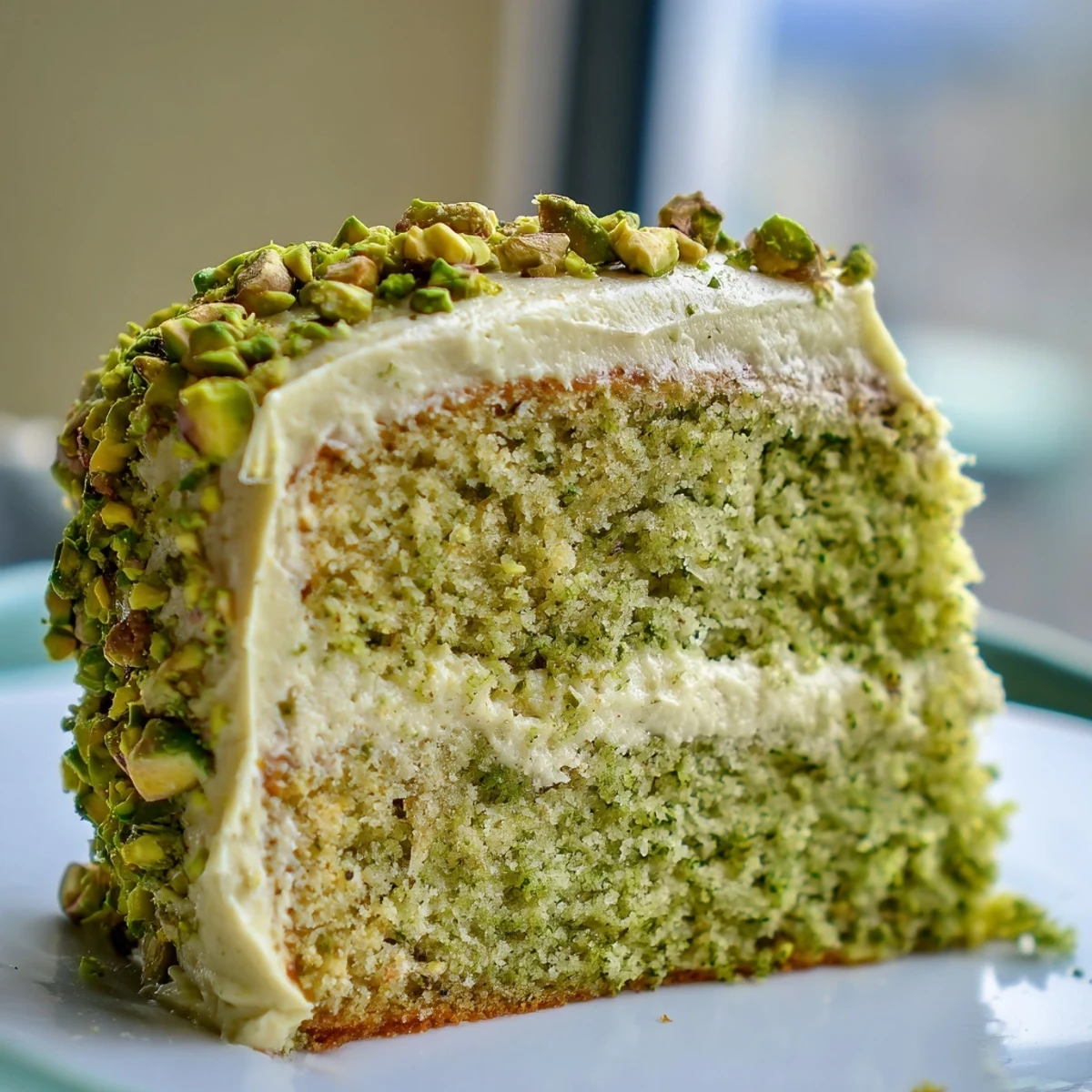 Moist pistachio cake slice revealing tender crumb, swirled with rich pistachio buttercream frosting