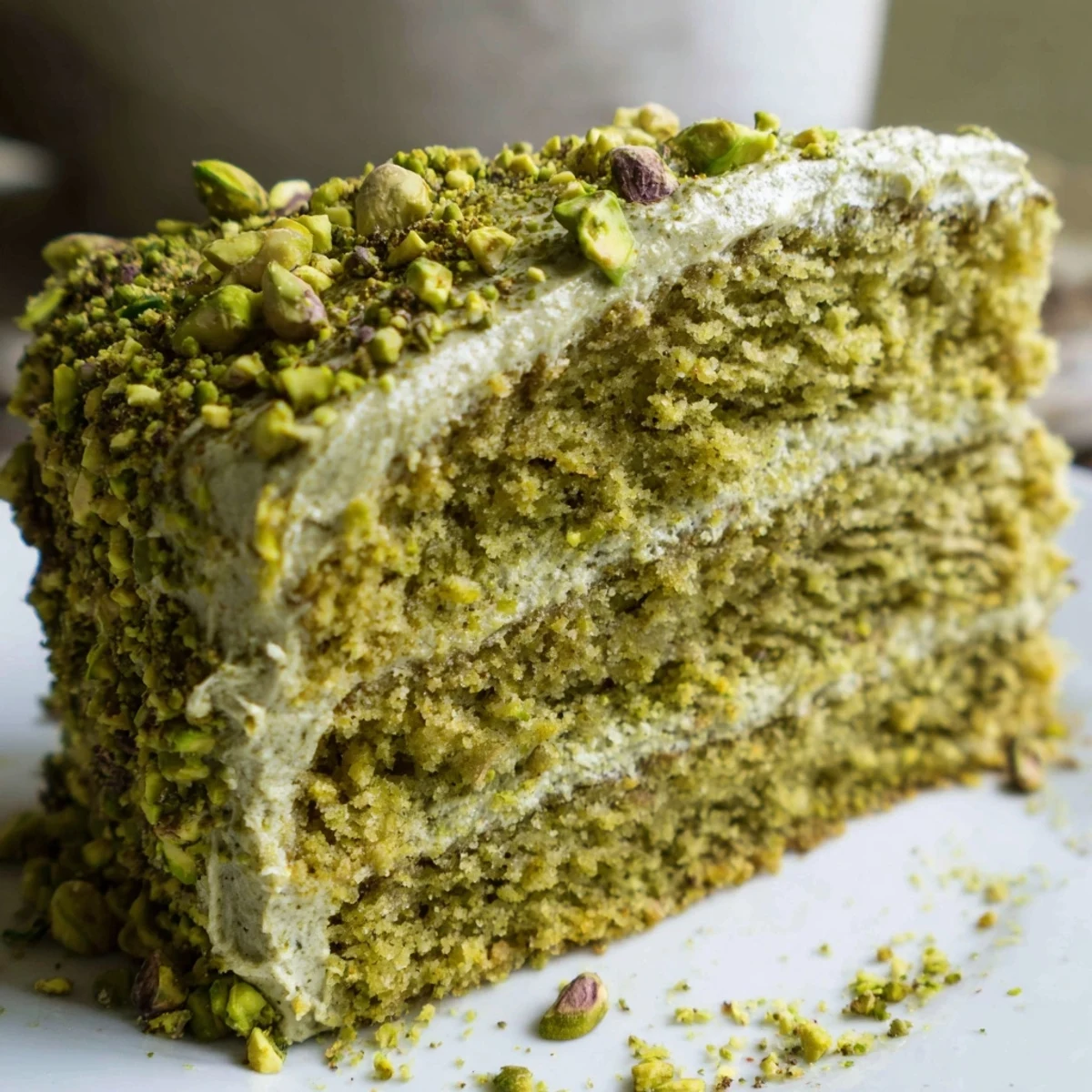 Generous slice of pistachio cake with creamy buttercream frosting, topped with chopped pistachios on a white plate