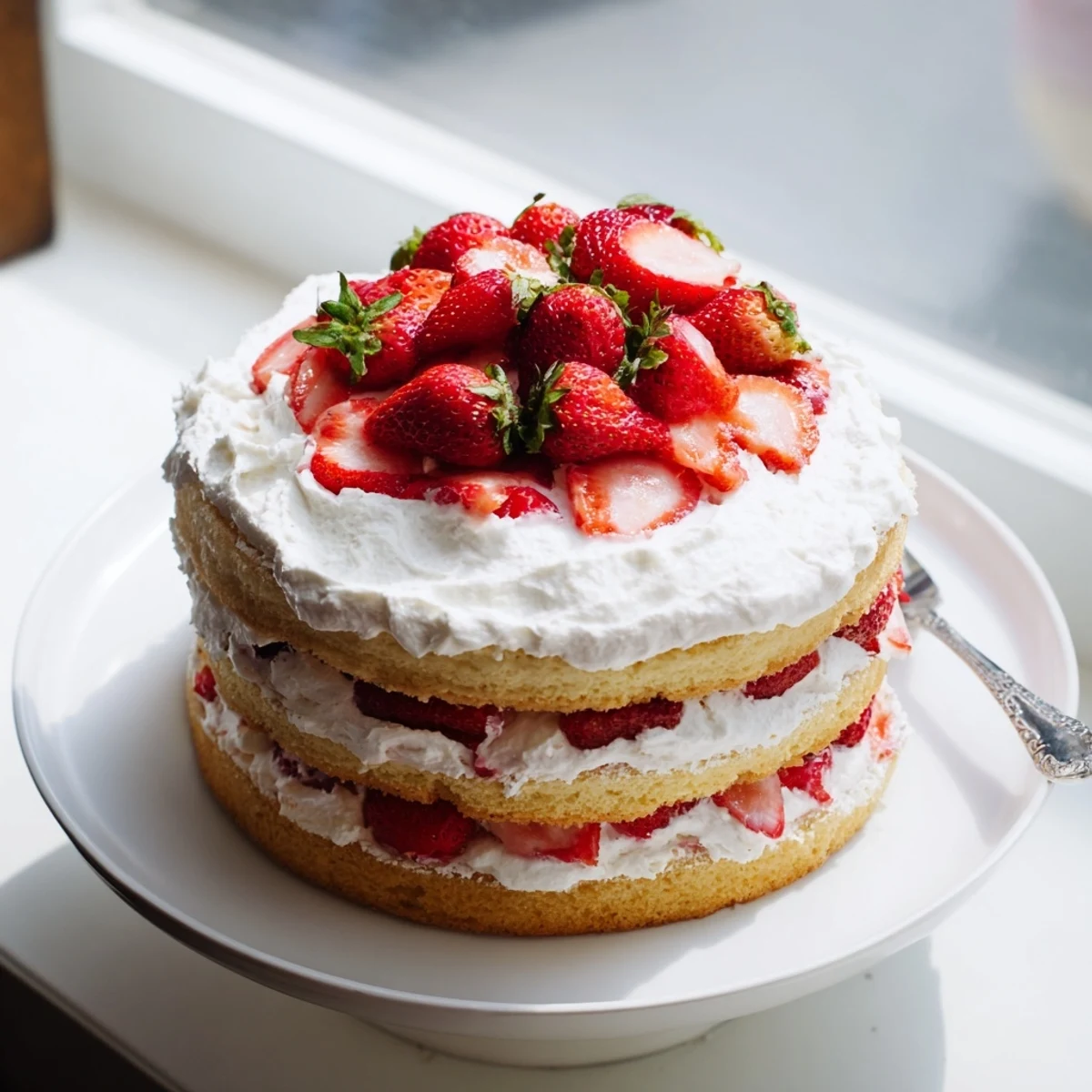 Golden vanilla layer cake stacked with macerated strawberries and clouds of whipped cream