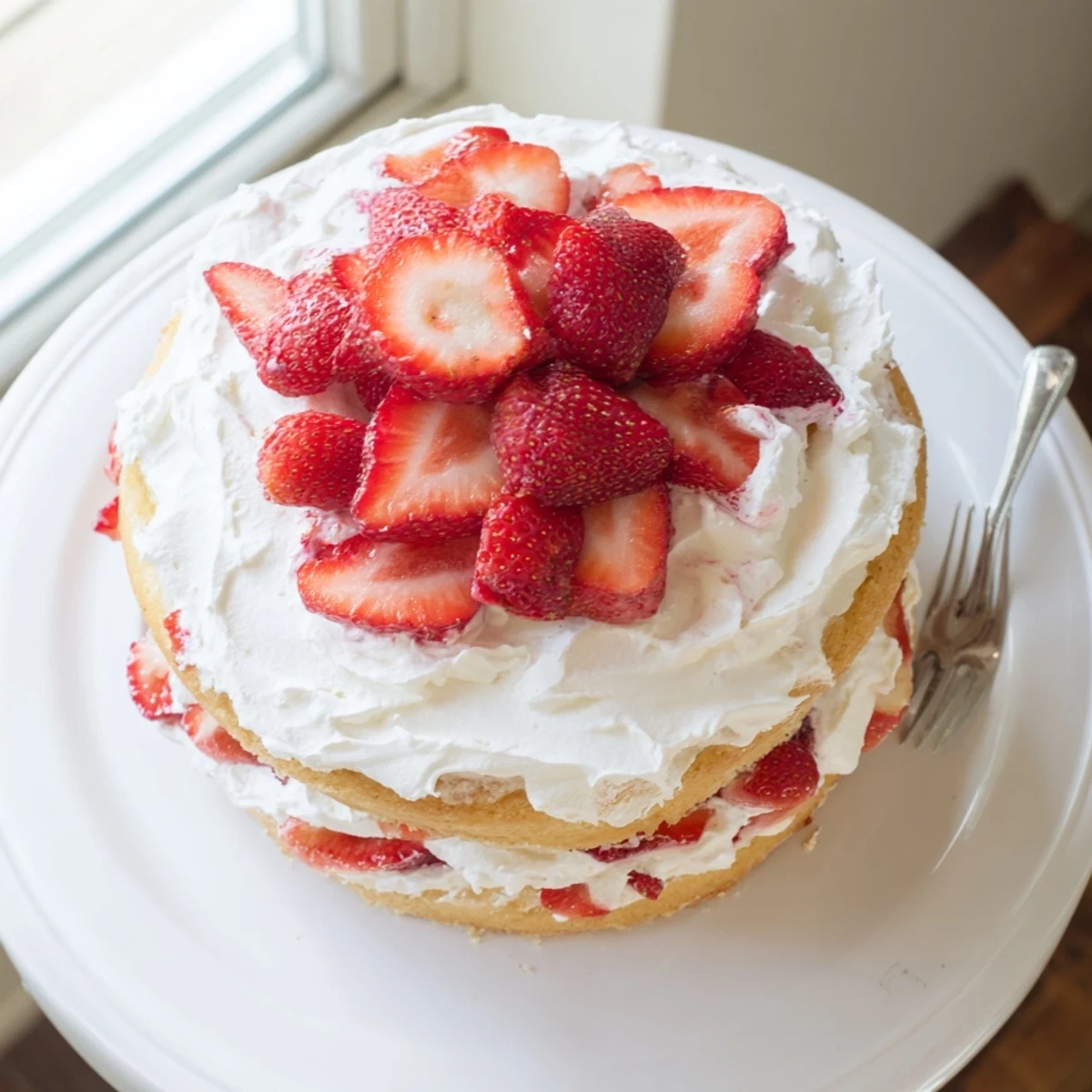 Homemade strawberry shortcake cake sliced to reveal tender sponge and juicy berry filling
