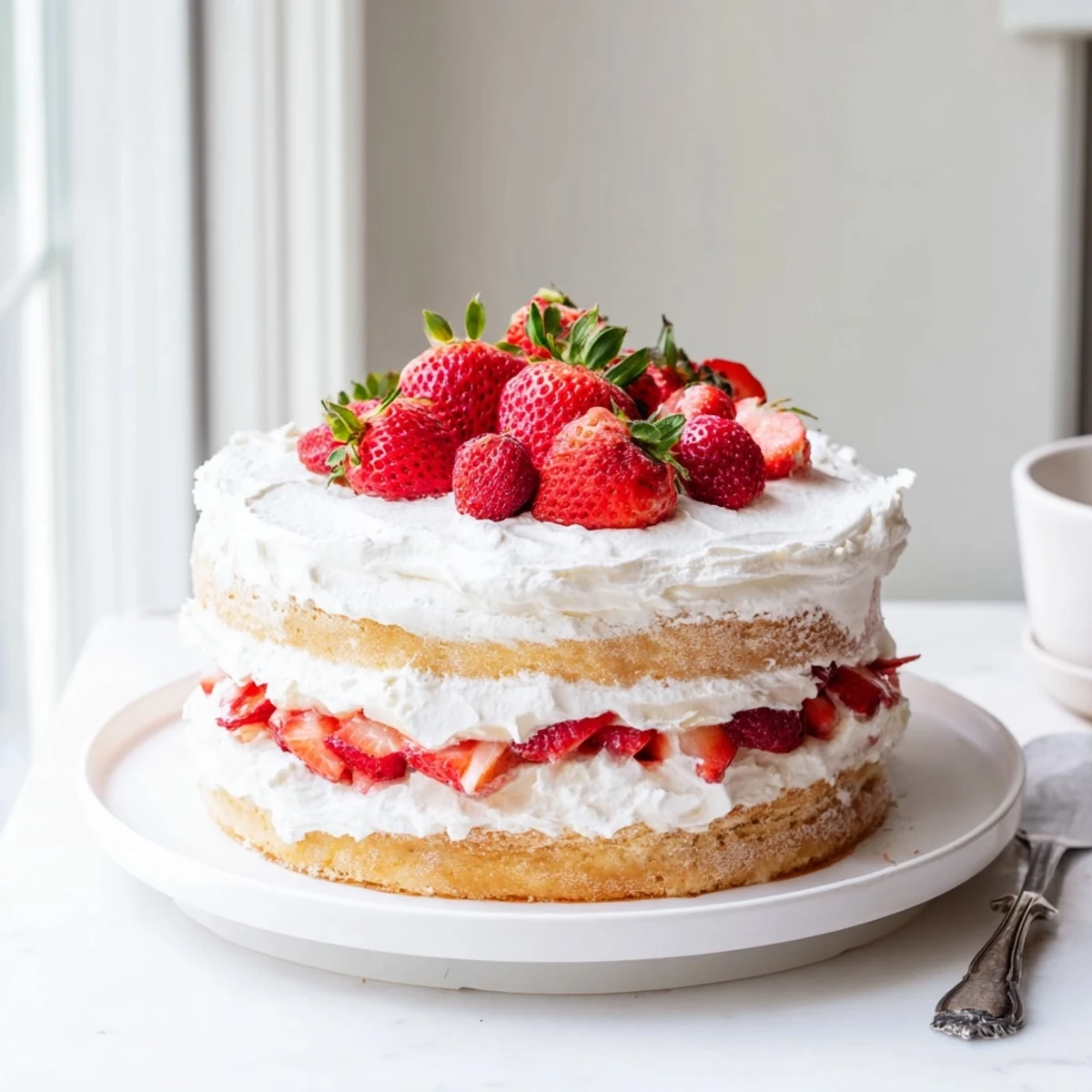 Triple layer strawberry shortcake cake topped with fresh red berries and sweet white frosting