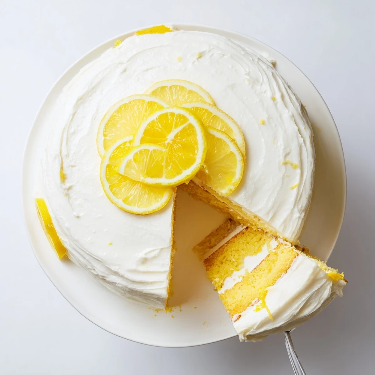 Tall yellow lemon birthday cake layers stacked with creamy white frosting and fresh lemon slice garnish