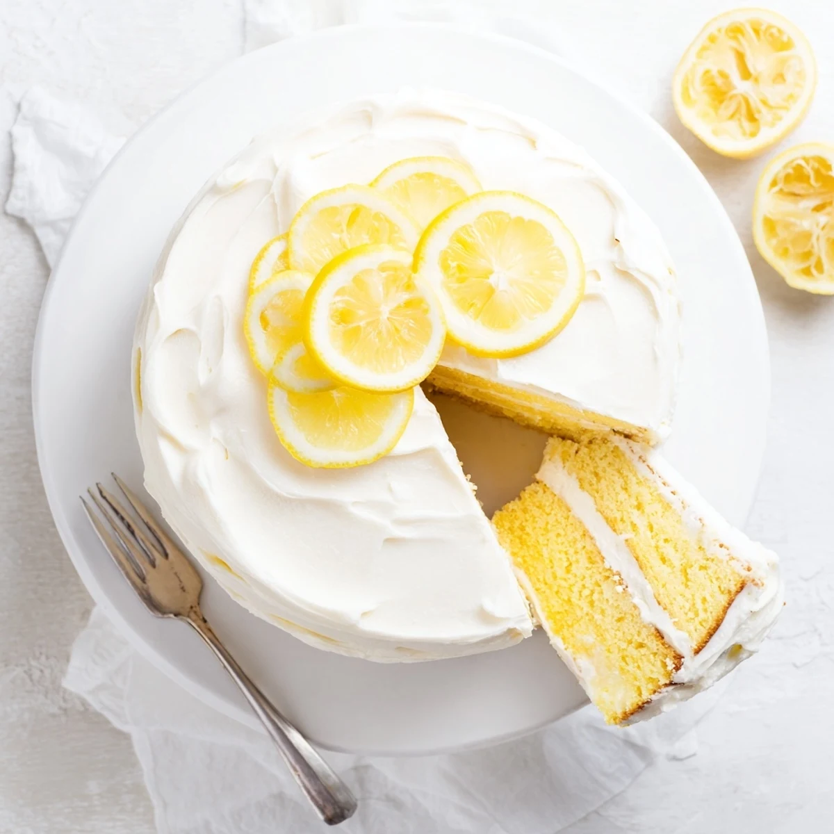 Festive lemon birthday cake with tangy cream cheese frosting and lemon zest topping on white plate
