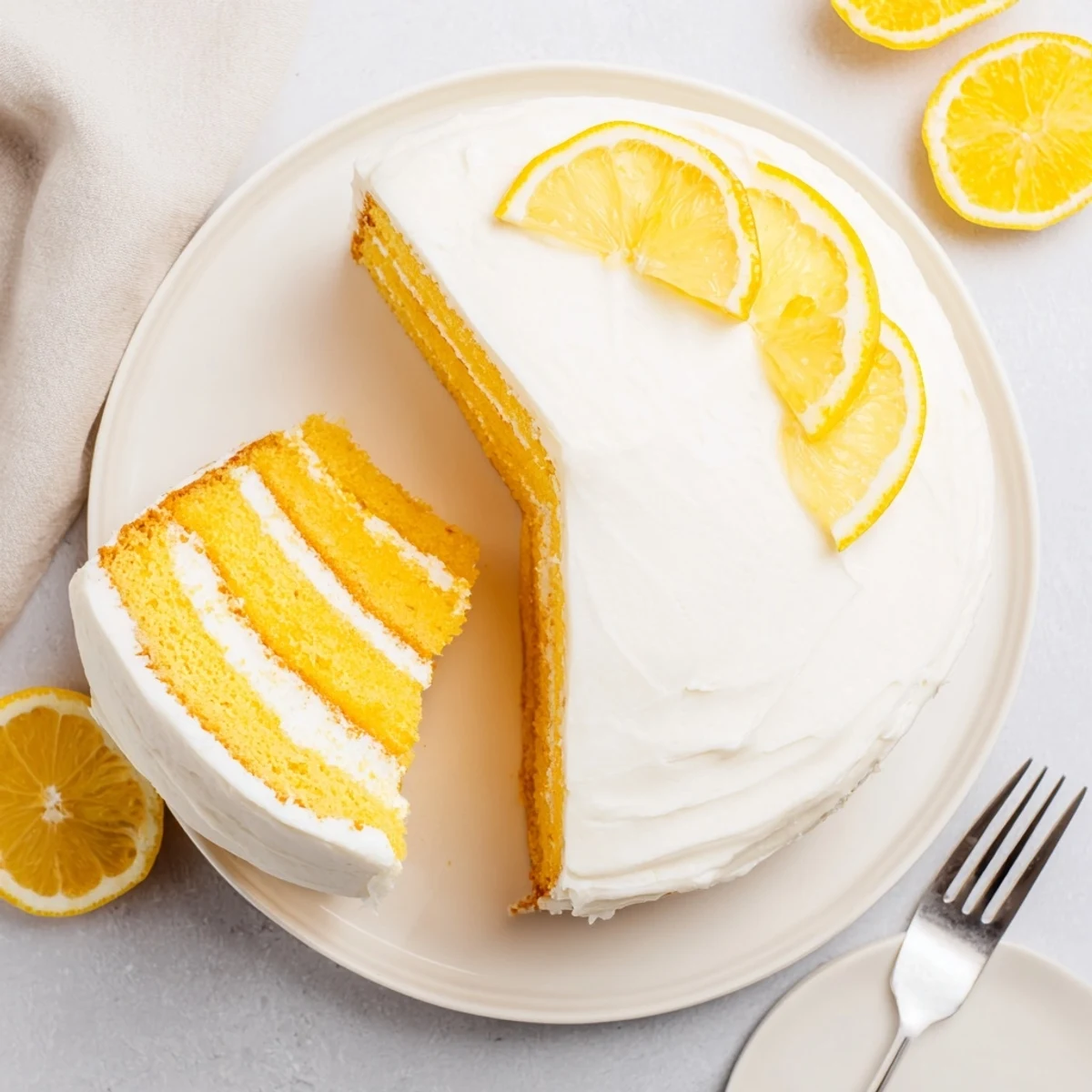 Slice of moist lemon birthday cake revealing tender yellow crumbs topped with smooth tangy frosting