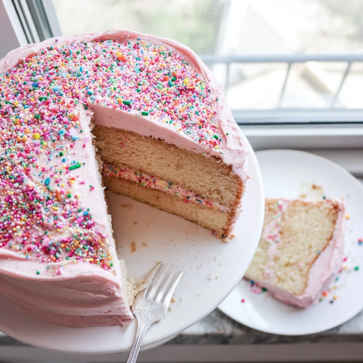 Slice of strawberry funfetti cake revealing rainbow sprinkles inside fluffy pink layers