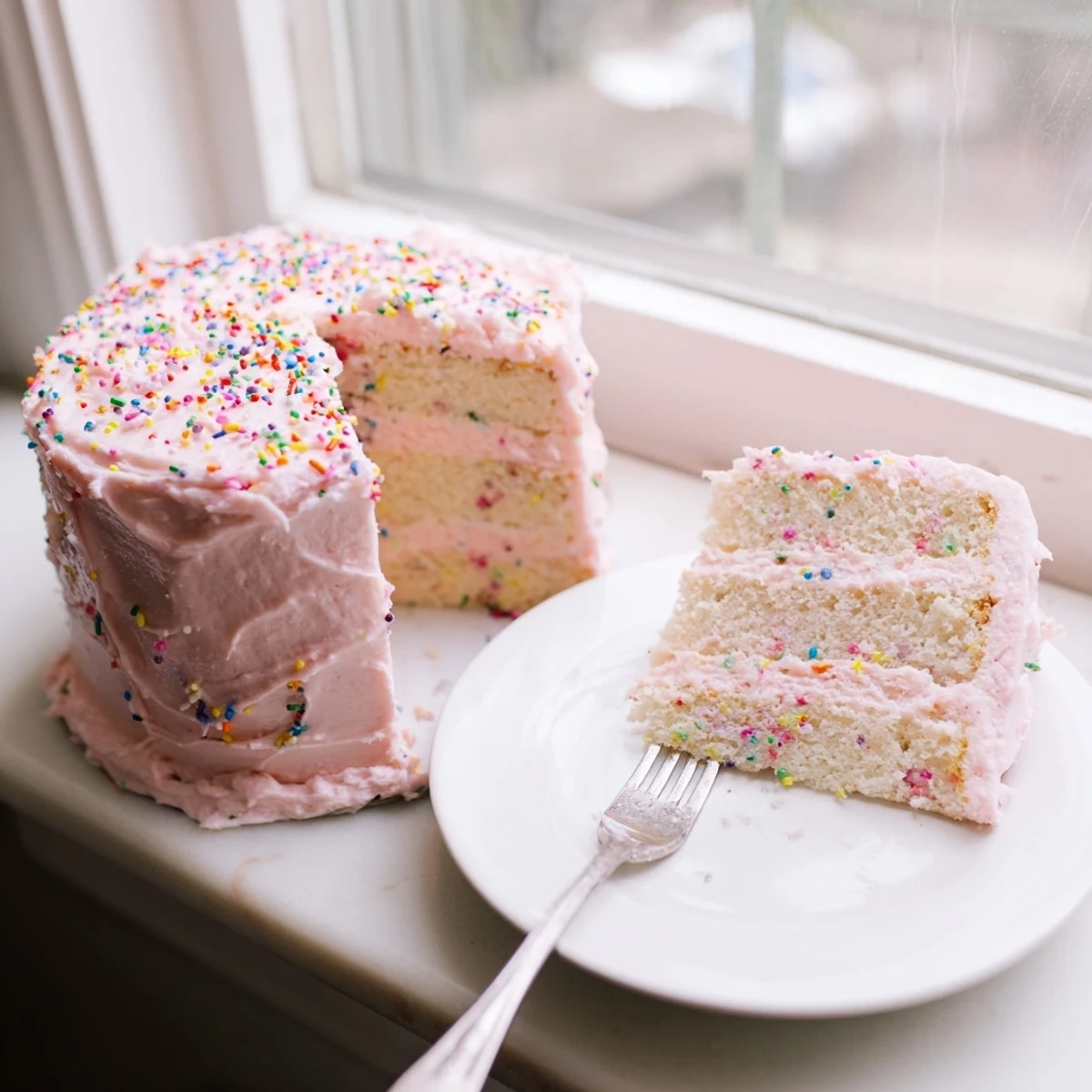 Two-layer strawberry funfetti cake with strawberry buttercream and fresh chopped strawberries throughout