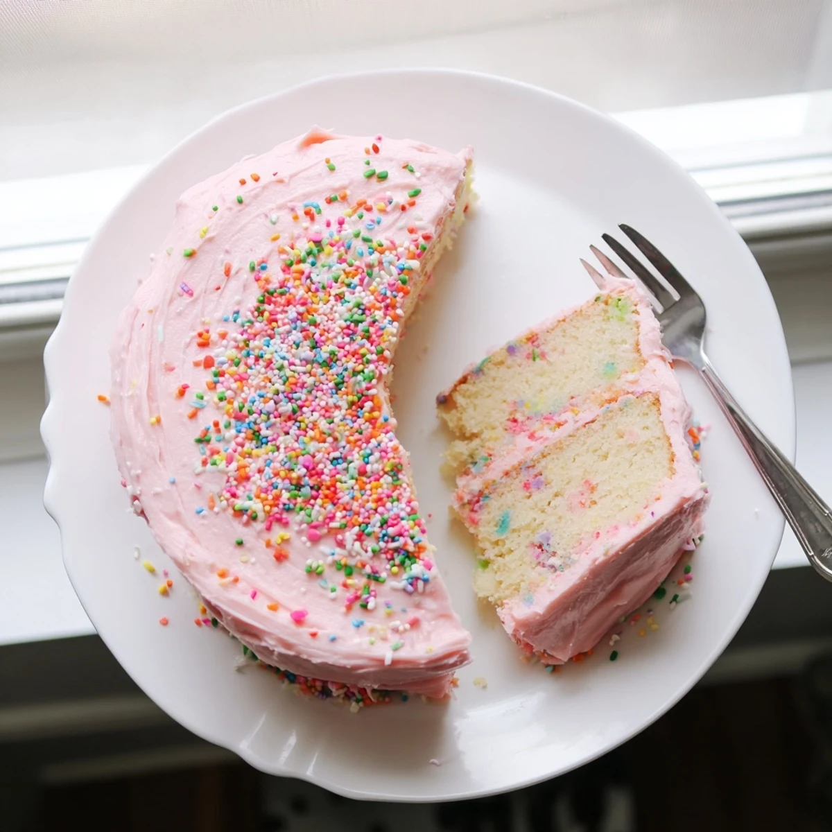 Pink frosted strawberry funfetti cake topped with creamy strawberry buttercream and colorful sprinkles