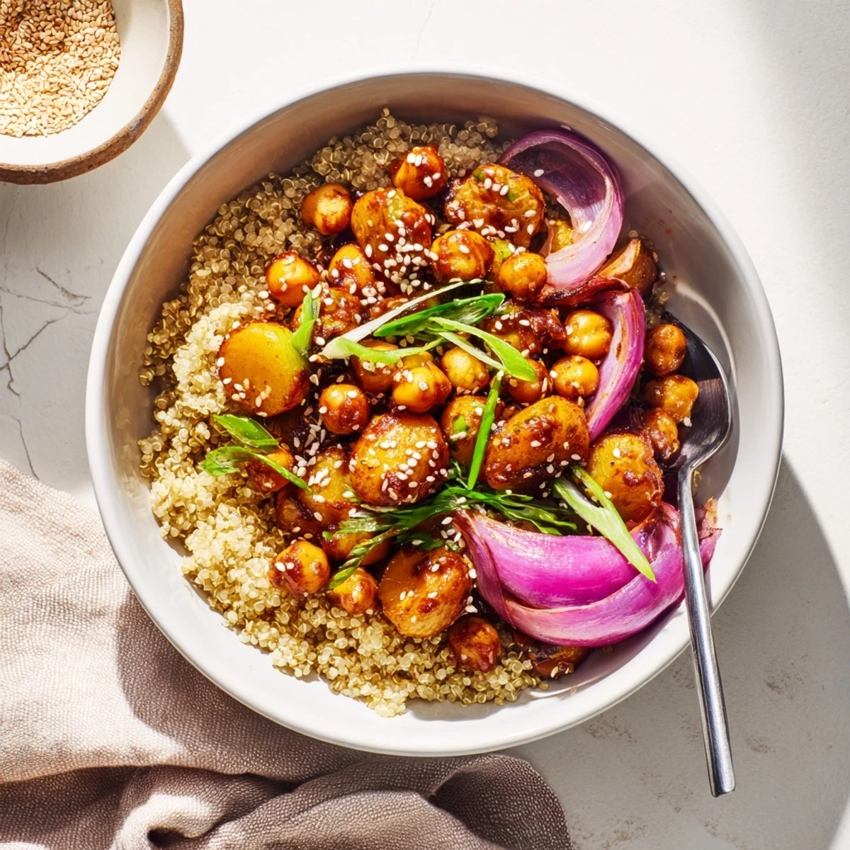 Gochujang potatoes and chickpeas bowl topped with sesame seeds over fluffy quinoa