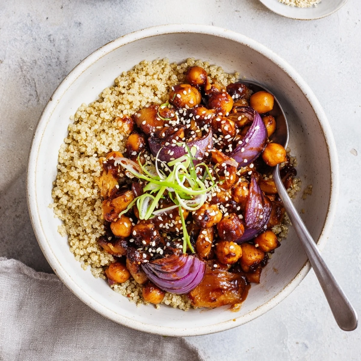 Vegan gochujang potatoes chickpeas quinoa bowl garnished with fresh green spring onions